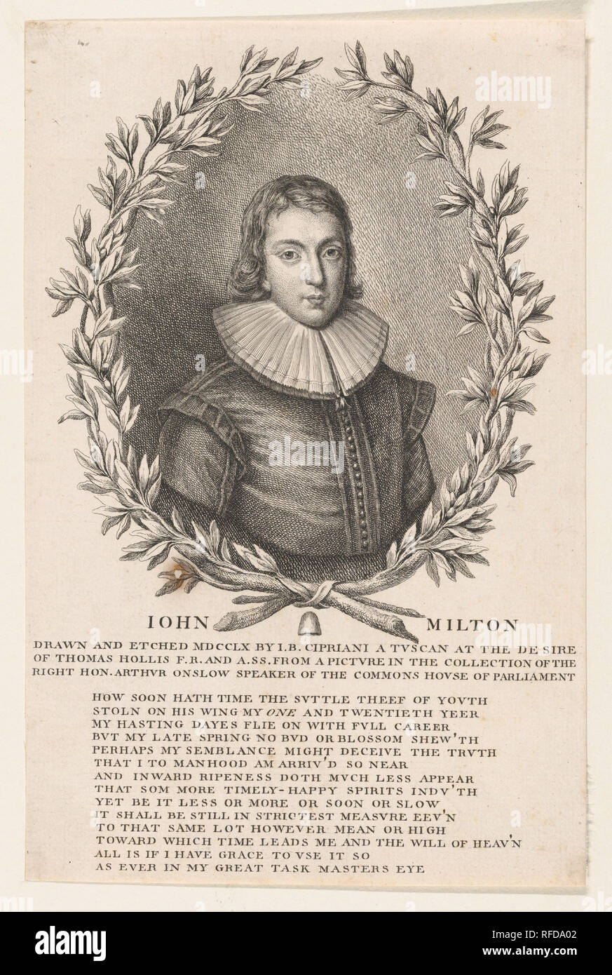 John Milton. Artiste : Giovanni Battista Cipriani (Italien, Florence 1727-1785 Hammersmith (Londres) active). Auteur : illustre livre de John Toland (Irlandais, 1670-1722). Fiche Technique : Dimensions : 10 × 7/16 6 11/16 in. (26,5 × 17 cm). Sitter : John Milton (britannique, Londres 1608-1674 Londres). Objet : Associé à Thomas Hollis (British, Londres 1720-1774). Date : 1760. Cette image du jeune Milton fut gravée pour illustrer une édition 1761 de John Toland's 'Vie de Milton' puis réémis pour Francis Blackburne's "Memoirs of Thomas Hollis (1780). Musée : Metropolitan Museum of Art, New York, USA. Banque D'Images