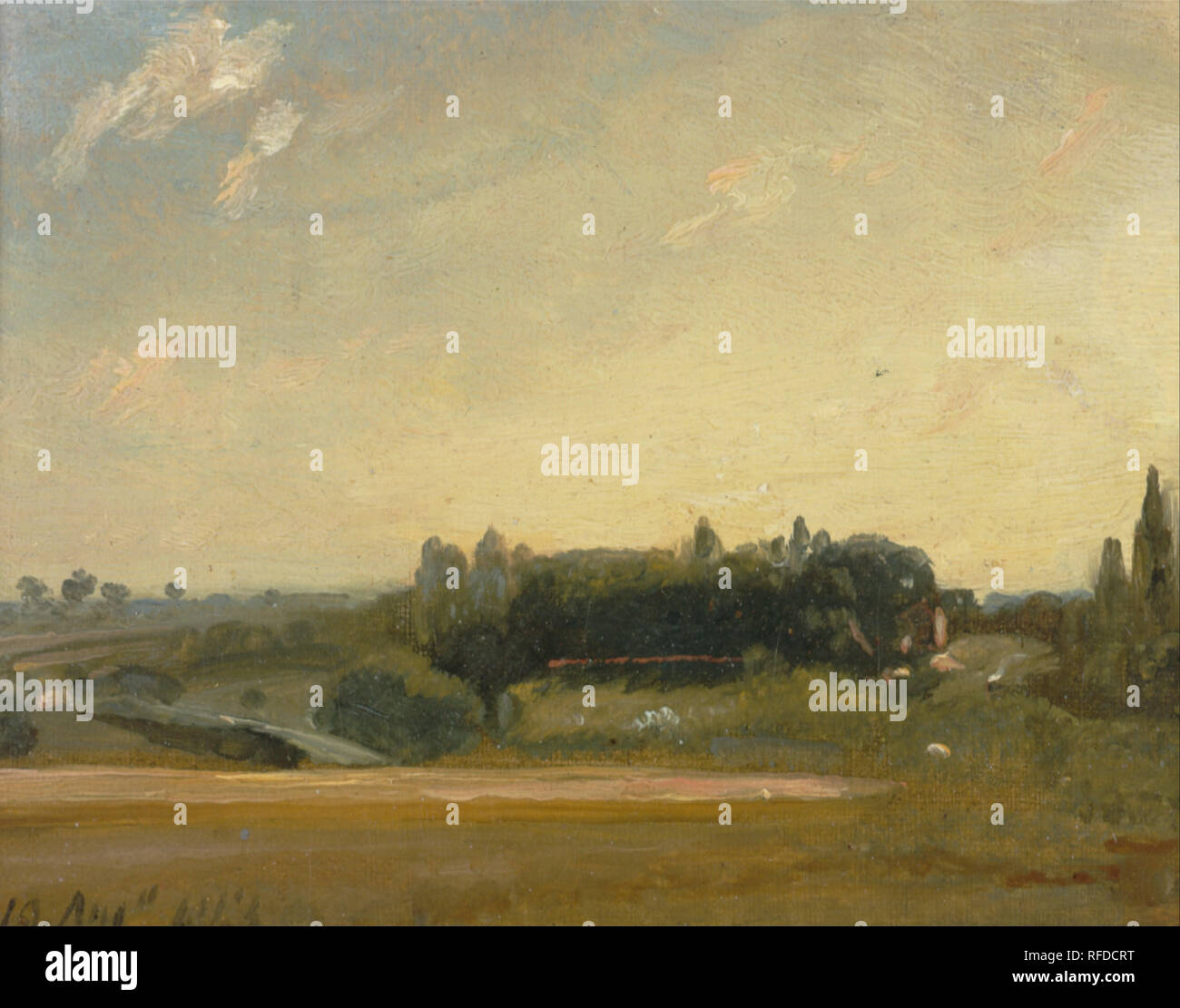 Vue vers le presbytère, East Bergholt. Date/période : 1813. La peinture. Huile sur toile mis à bord. Hauteur : 108 mm (4.25 in) ; Largeur : 143 mm (5,62 in). Auteur : John Constable. Banque D'Images