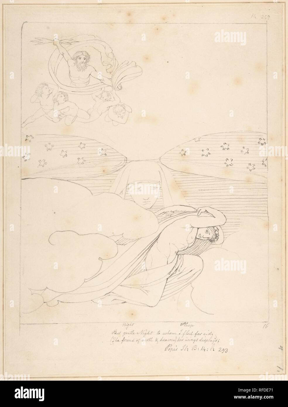 Le sommeil s'échappant de la Colère de Jupiter - 'mais douce nuit à qui j'ai fui pour l'aide (l'ami de la Terre et du ciel), ses ailes Afficher'D' (le pape d'Homère, Livre 14, ligne 293). Artiste : John Flaxman (1755-1826) New York, Londres. Fiche Technique : Dimensions : 11 x 8 5/16 in. (27,9 x 21,1 cm). Date : 1793. Musée : Metropolitan Museum of Art, New York, USA. Banque D'Images