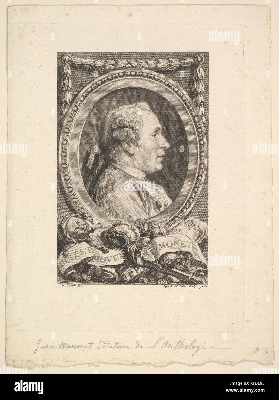 Portrait de Jean Monnet. Artiste : Après Charles Nicolas Cochin II (français, Paris 1715-1790 Paris) ; Augustin de Saint-Aubin (français, Paris 1736-1807 Paris). Fiche Technique : Dimensions : 7 7/8 x 5 7/8 in. (20 × 15 cm) Plaque : 6 3/4 x 5 3/16 in. (17,2 × 13,2 cm). Date : 1765. Musée : Metropolitan Museum of Art, New York, USA. Auteur : Augustin de Saint-Aubin. Après Charles Nicolas Cochin II. Augustin de Saint-Aubin après Charles-Nicolas Cochin II. Banque D'Images