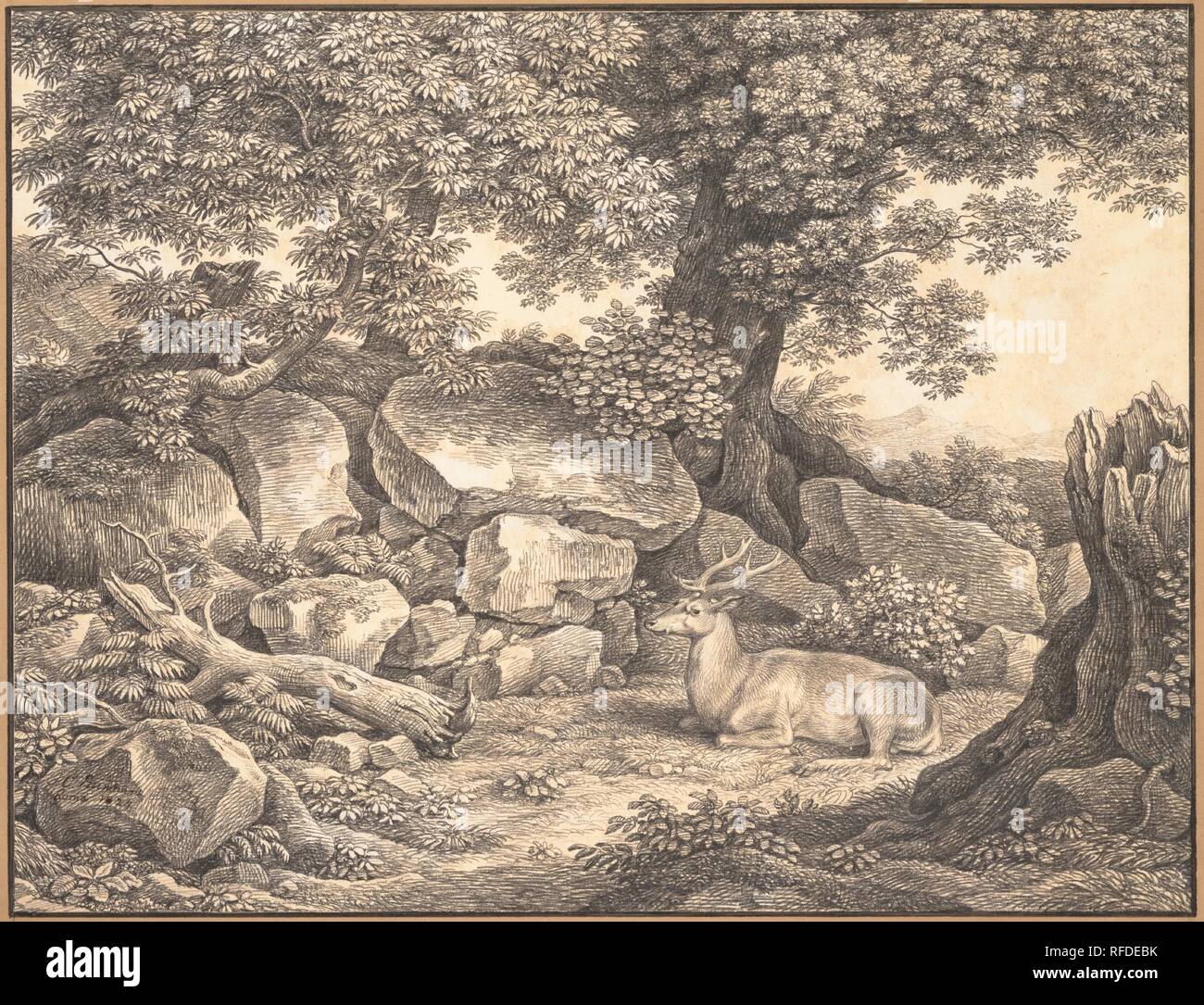 Paysage italien avec des arbres, des rochers et un repos de Virginie. Artiste : Johann Christian Reinhart (allemand, Hof 1761-1847 Rome). Fiche technique : Dimensions : 17 x 15 11/16 9/16 in. (44,9 x 39,5 cm). Date : 1824. Musée : Metropolitan Museum of Art, New York, USA. Banque D'Images