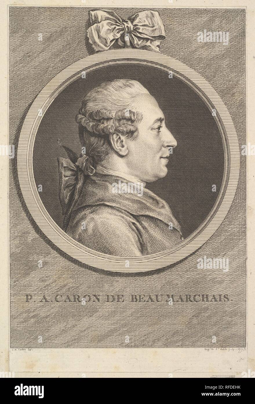 Portrait de P. A. Caron de Beaumarchais. Artiste : Après Charles Nicolas Cochin II (français, Paris 1715-1790 Paris) ; Augustin de Saint-Aubin (français, Paris 1736-1807 Paris). Dimensions : Support : 10 3/16 × 6 13/16 in. (25,8 × 17,3 cm) Feuille : 7 3/8 x 4 7/8 in. (18,7 × 12,4 cm). Date : 1773. Musée : Metropolitan Museum of Art, New York, USA. Banque D'Images