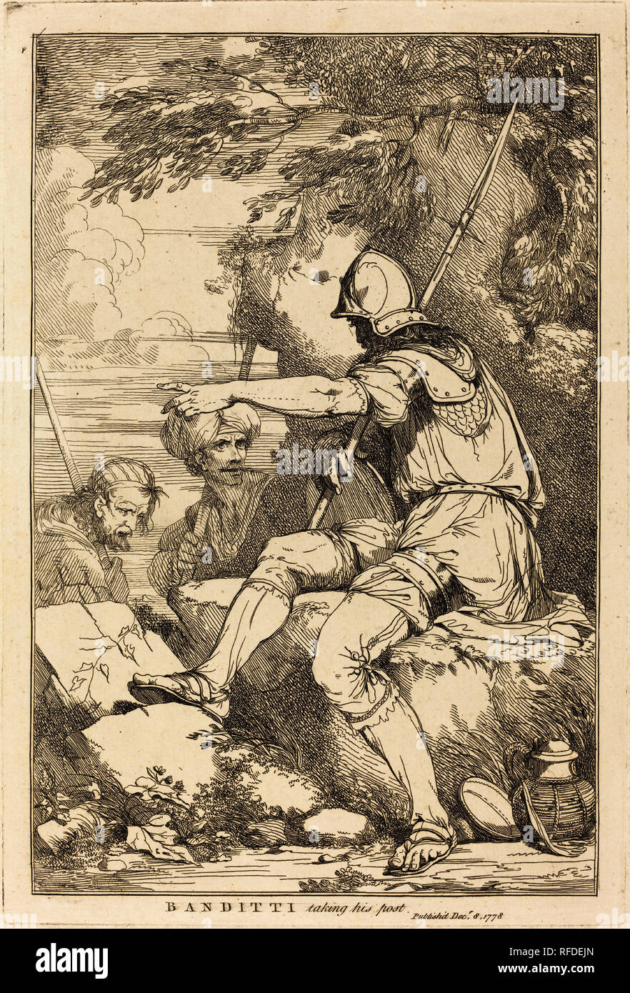 Bandits prenant son poste. En date du : 1778. Dimensions : Plateau : 30 × 20,1 cm (11 13/16 × 7 15/16 in.) feuille : 42,4 × 29 cm (16 11/16 × 11 7/16 po.). Technique : gravure. Musée : National Gallery of Art, Washington DC. Auteur : John Hamilton Mortimer. Banque D'Images