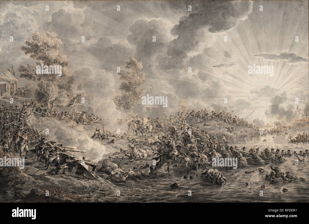 La bataille par une rivière. En date du : 1780. Dimensions : hors tout : 33,8 × 51,7 cm (13 3/8 à 5/16 × 20.). Médium : stylo avec encre marron et noir et gris de lavage. Musée : National Gallery of Art, Washington DC. Auteur : Dirk Lagendijk. Banque D'Images