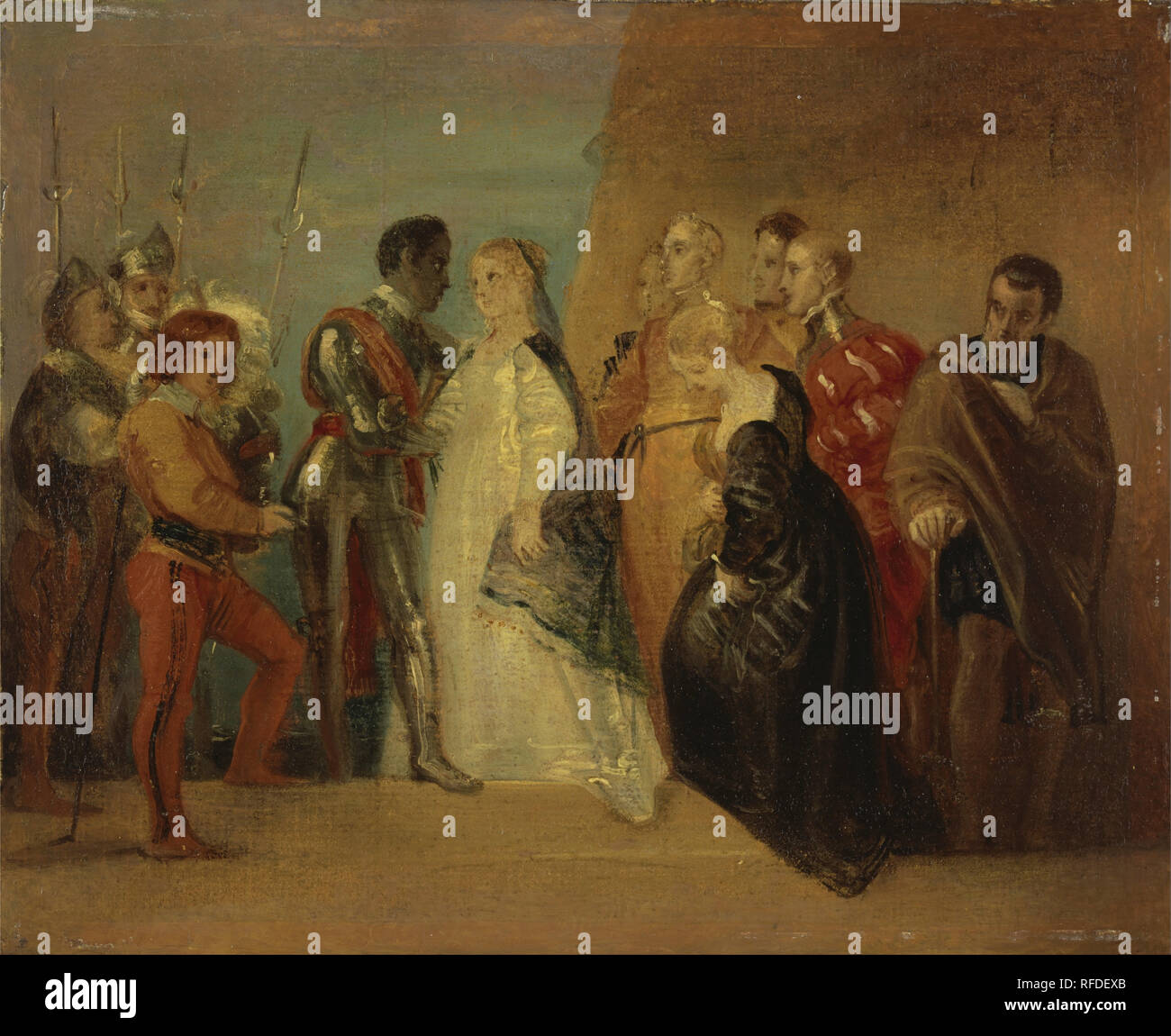 Le retour d'Othello, à partir de 'Othello', Acte II, scène ii. Date/Période : Ca. 1799. La peinture. Huile sur papier monté sur toile. Hauteur : 210 mm (8.26 in) ; Largeur : 254 mm (10 in). Auteur : THOMAS STOTHARD. Banque D'Images