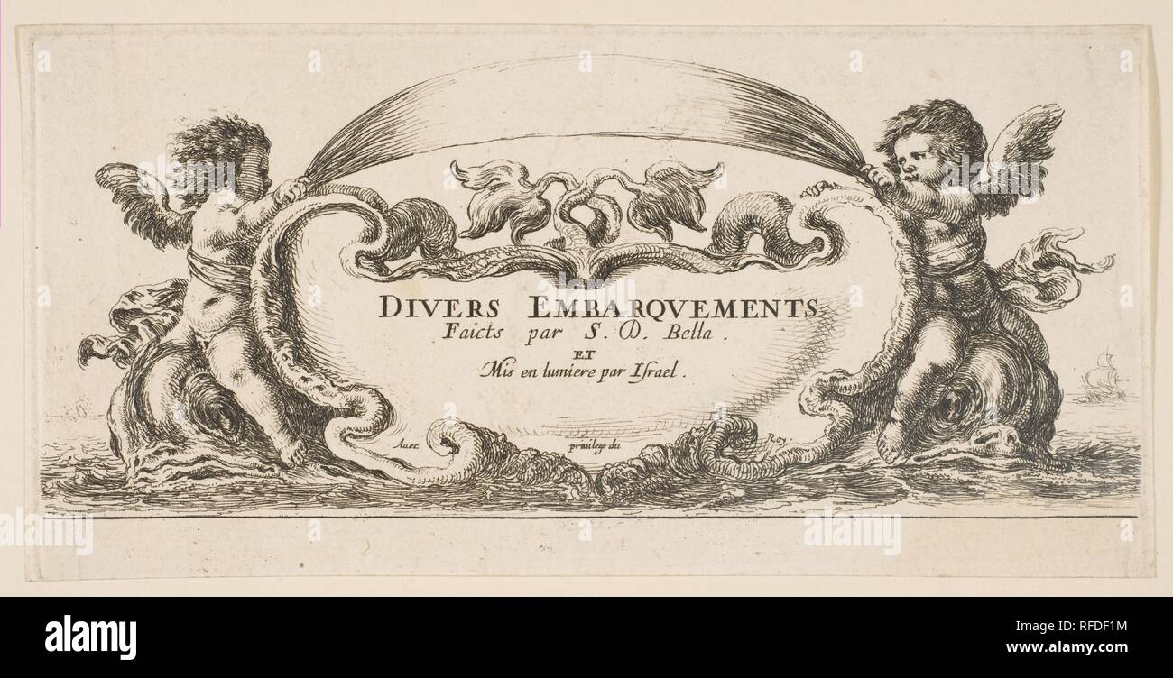 Frontispice : cartouche au centre, putti d'un côté ou de l'équitation sur les dauphins, de 'Divers embarquements embarquements' (Divers). Artiste : Stefano della Bella (Florence, Italie Florence 1610-1664). Dimensions : Plaque : 3 × 6 7/16 15/16 in. (8,7 × 17,7 cm) : 3 Feuille 1/2 × 7 1/8 in. (8,9 × 18,1 cm). Editeur : Israël Henriet (Français, Nancy ca. 1590-1661 Paris). Portefeuille/Série : 'Divers embarquements' (Divers embarquements). Date : ca. 1646-47. Musée : Metropolitan Museum of Art, New York, USA. Banque D'Images