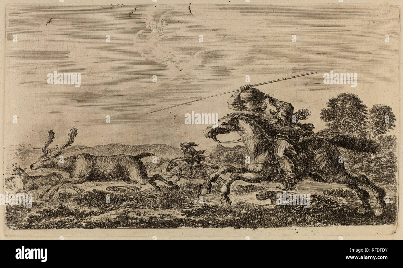 Deer chasse par deux cavaliers. Technique : gravure sur bois sur papier [restrike]. Musée : National Gallery of Art, Washington DC. Auteur : STEFANO DELLA BELLA. Banque D'Images