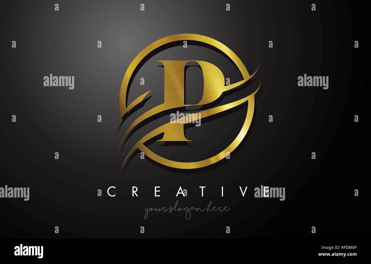 P Golden Lettre Logo Design avec Swoosh Cercle métal or et la texture. Metal or créative Lettre P Illustration vecteur de conception. Illustration de Vecteur
