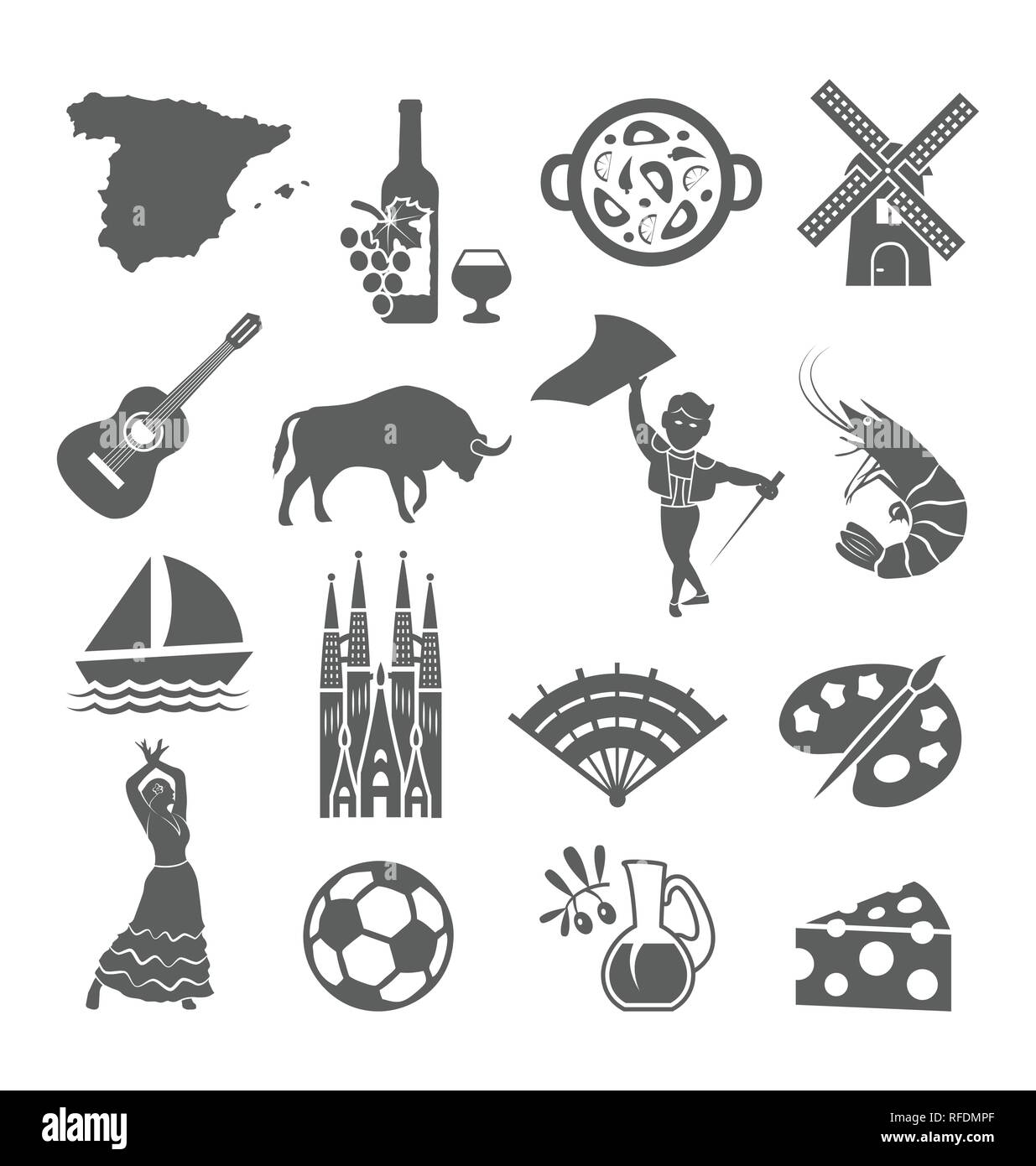 Espagne icons set. L'Espagnol symboles traditionnels et d'objets. Illustration de Vecteur