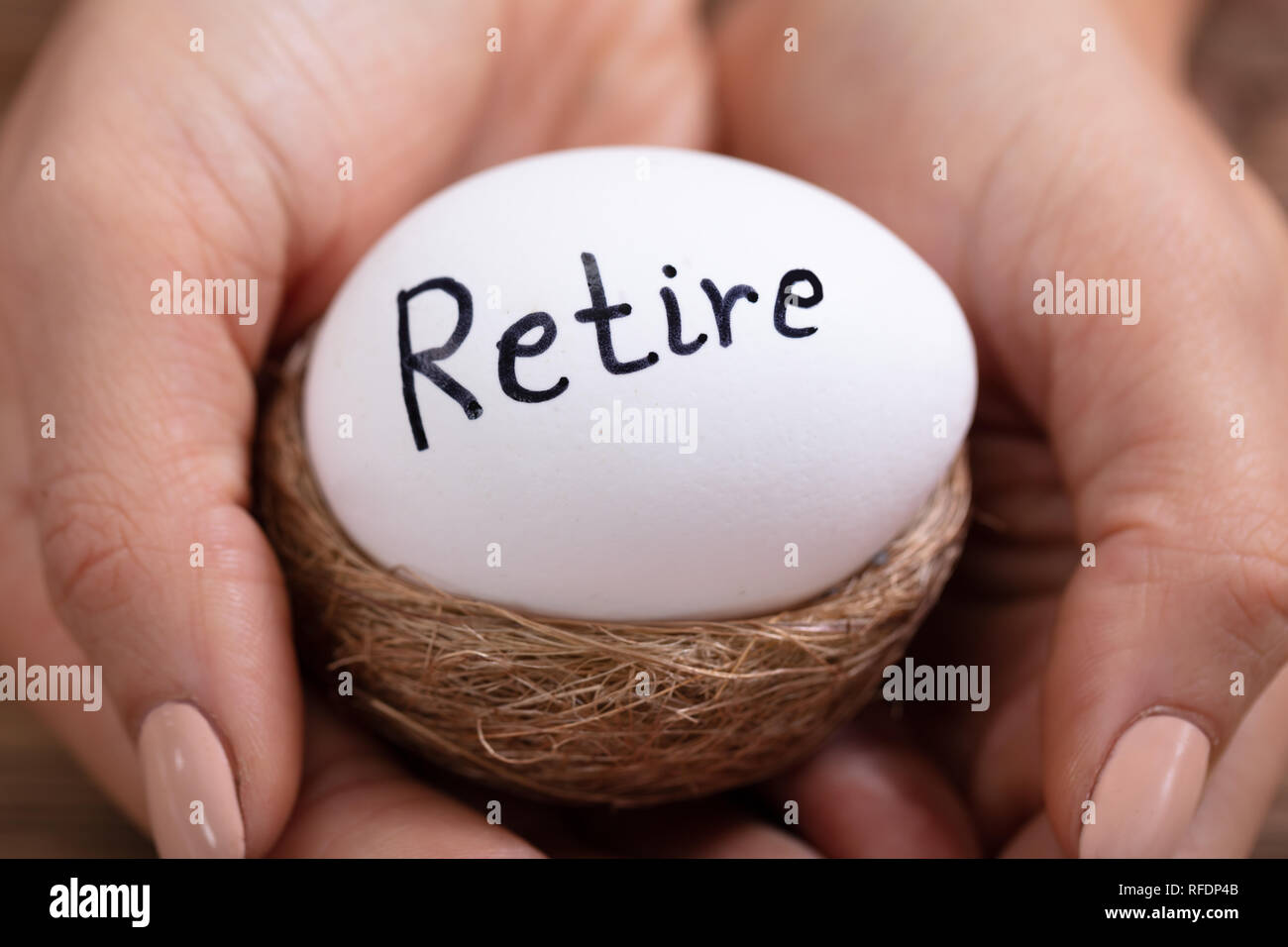 Close-up of Human Hands Holding SA RETRAITE White Egg in Nest Banque D'Images