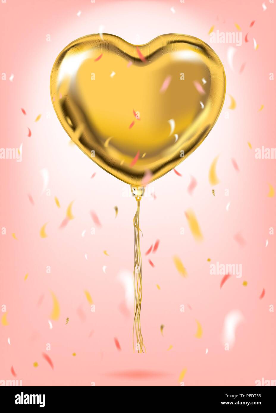 Ballon en forme de coeur Feuille d'or sur le fond rose confettis. Modèle pour l'anniversaire, partie et tout autres activités de vacances Illustration de Vecteur