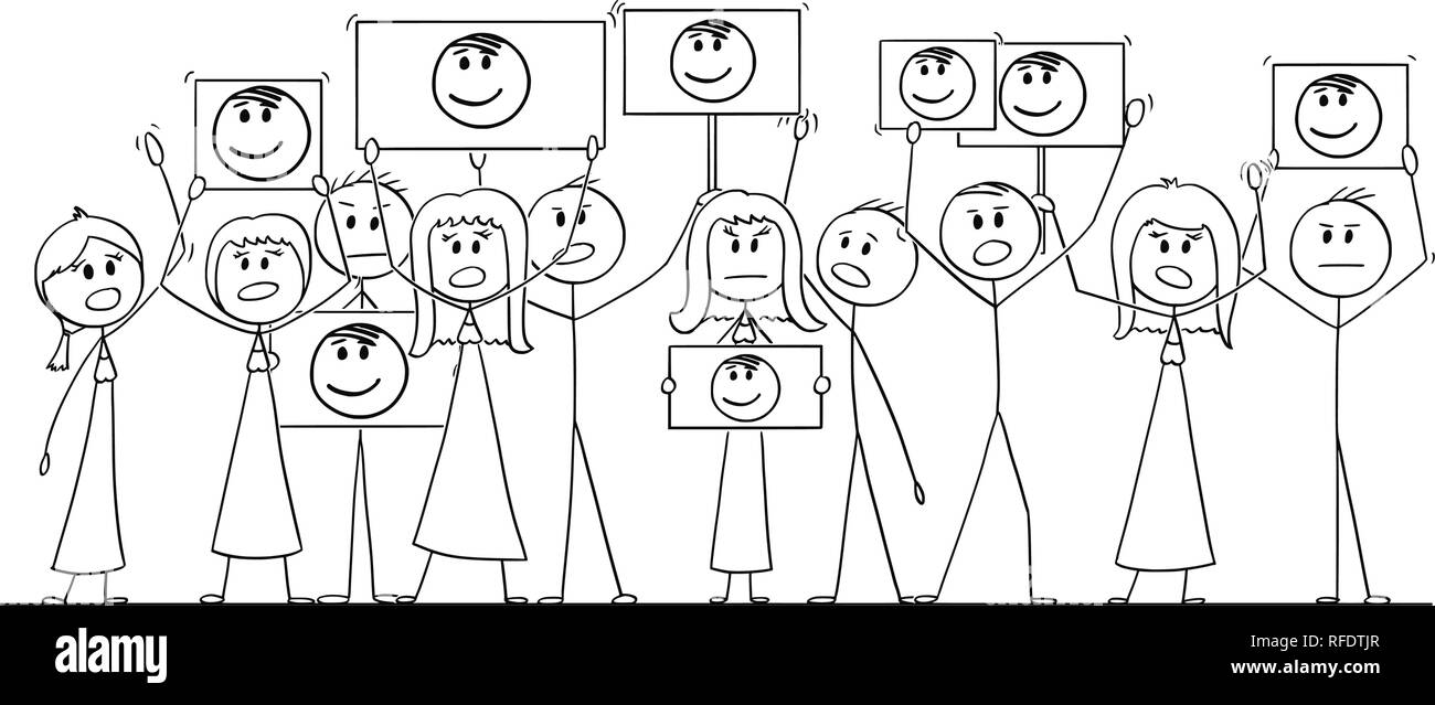 Dessin caricature de groupe de personnes démontrant avec Portrait de leader dans les mains ou accueille dans ses rangs Illustration de Vecteur