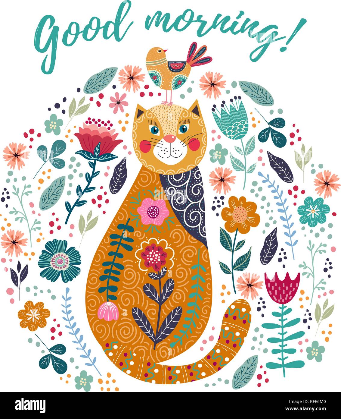 Bonjour. Vector Art illustration colorée avec chat mignon, d'oiseaux et de fleurs sur un fond blanc. Artwork pour la décoration votre intérieur et à l'emploi Illustration de Vecteur