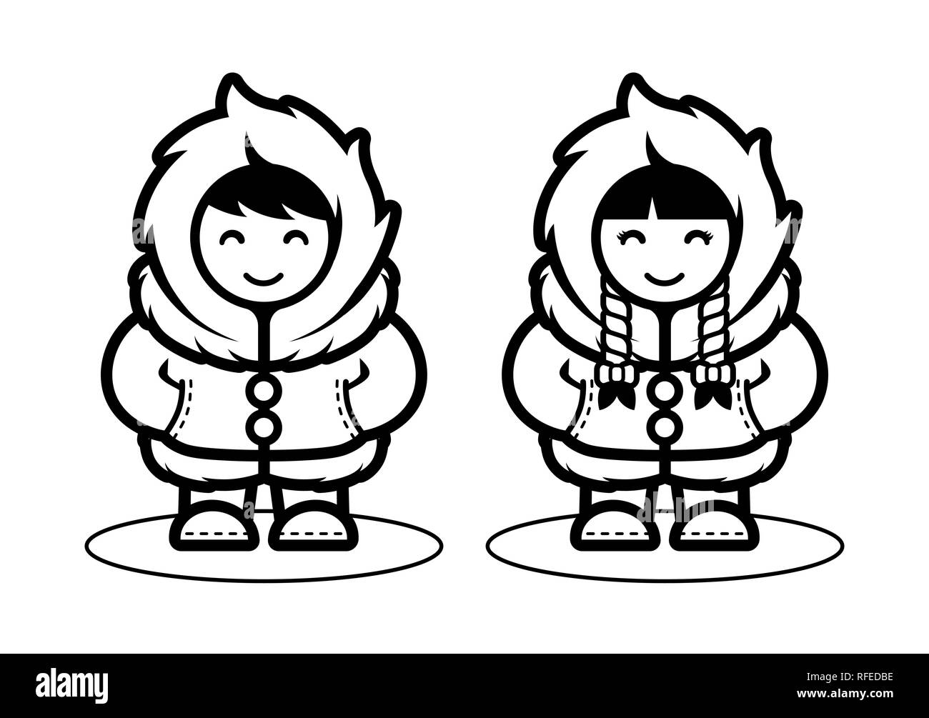 Jeune Eskimo Cute Couple illustration dans le style dessin animé pour les enfants / Enfants à colorier. Les personnes vivant dans l'arctique au pôle nord modèle plat. Illustration de Vecteur