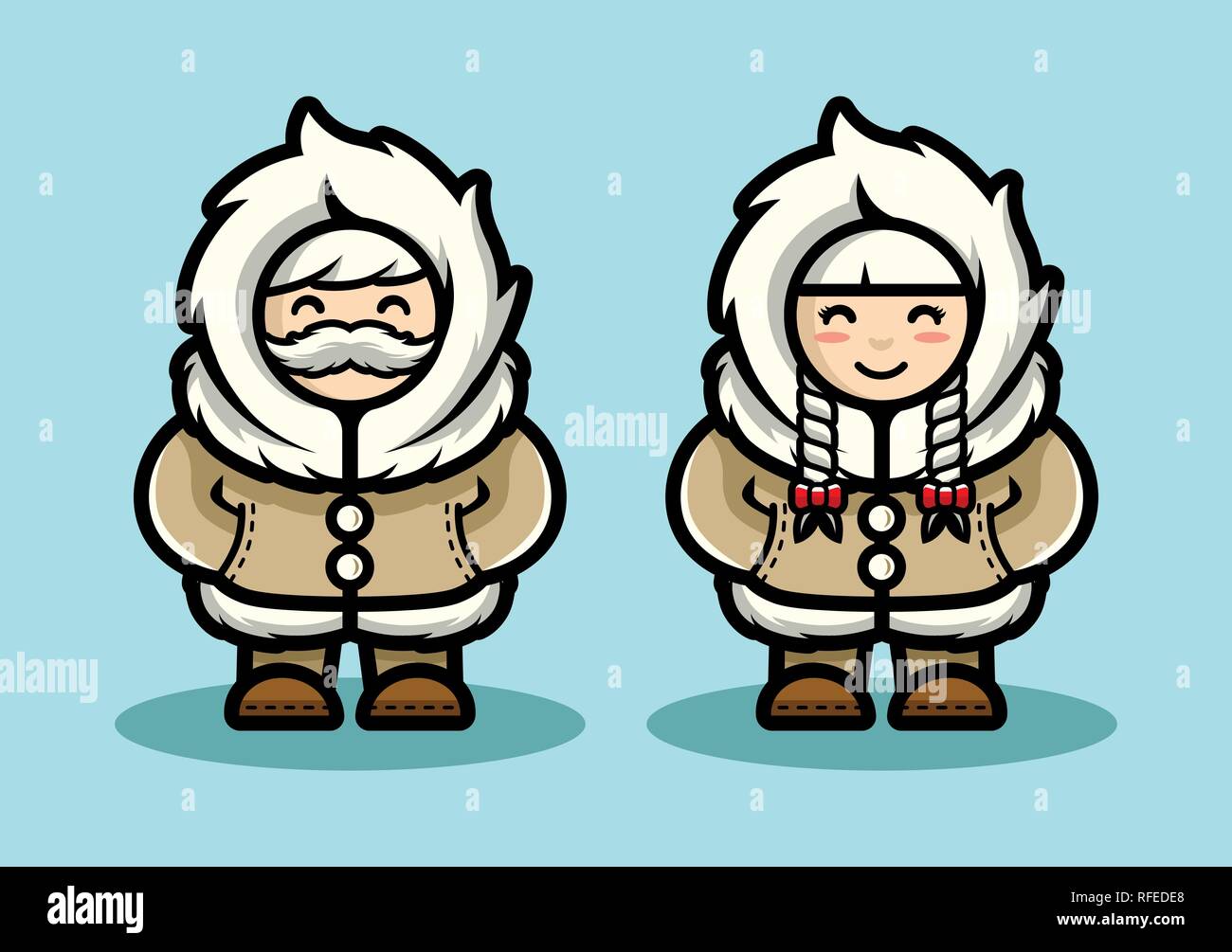 Ancien Eskimo Cute Couple Illustration dans un style de dessin animé. Les personnes vivant dans l'arctique au pôle nord modèle plat. Illustration de Vecteur