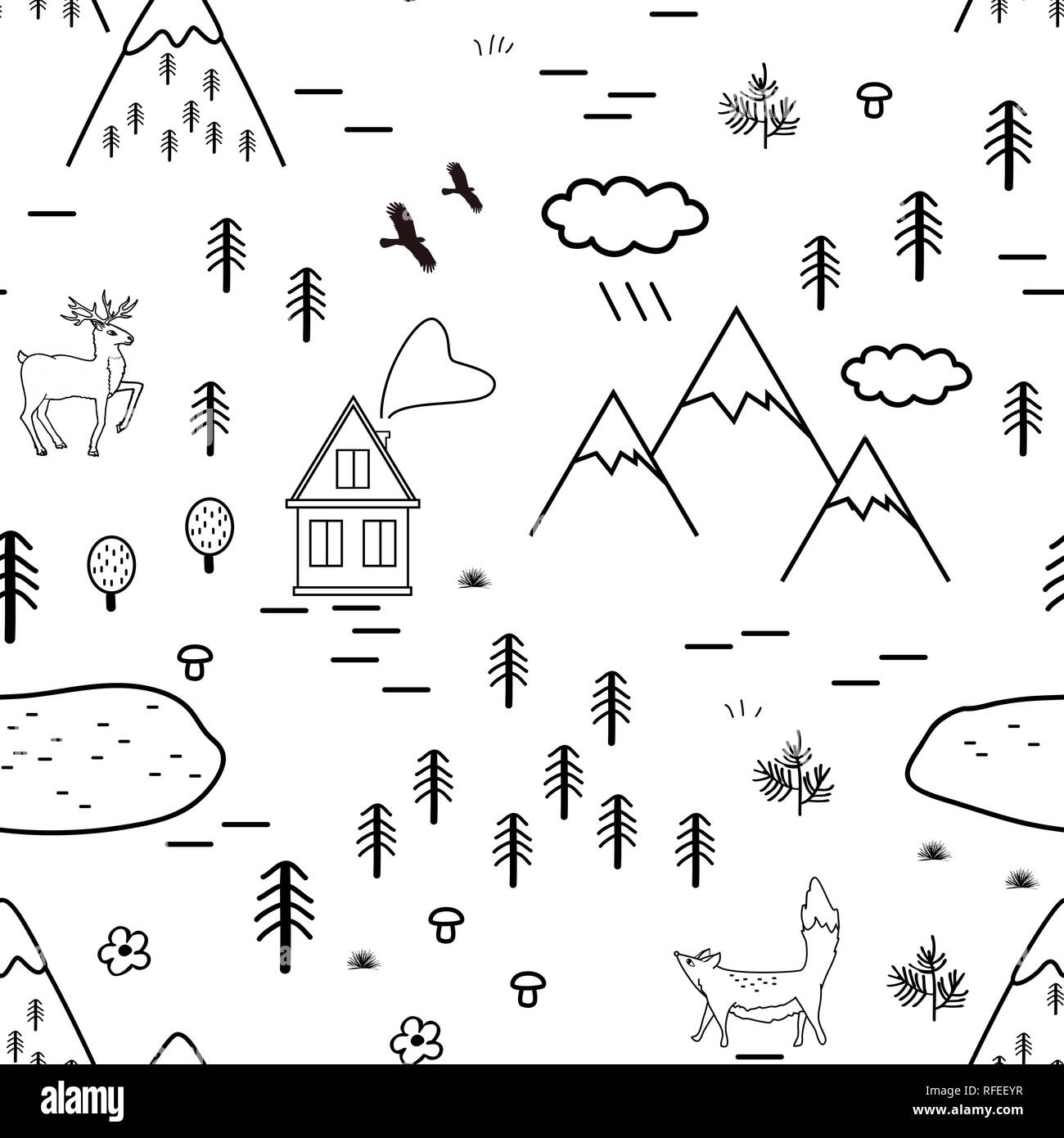 Paysages scandinaves dessiné à la main avec les animaux, les arbres, le lac et les montagnes, une tendance. Les motifs traditionnels de style scandinave. Vecteur. Illustration de Vecteur