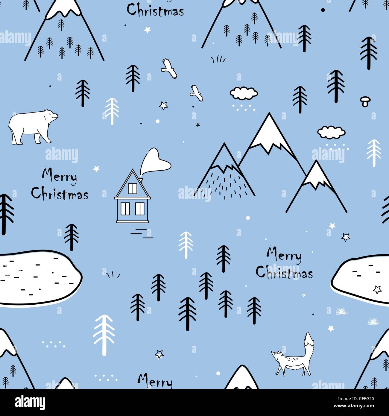 Modèle scandinave transparente avec l'ours, le renard, maisons et arbres, de texture dans les grandes lignes du paysage traditionnel. Noël vecteur imprimer. Illustration de Vecteur