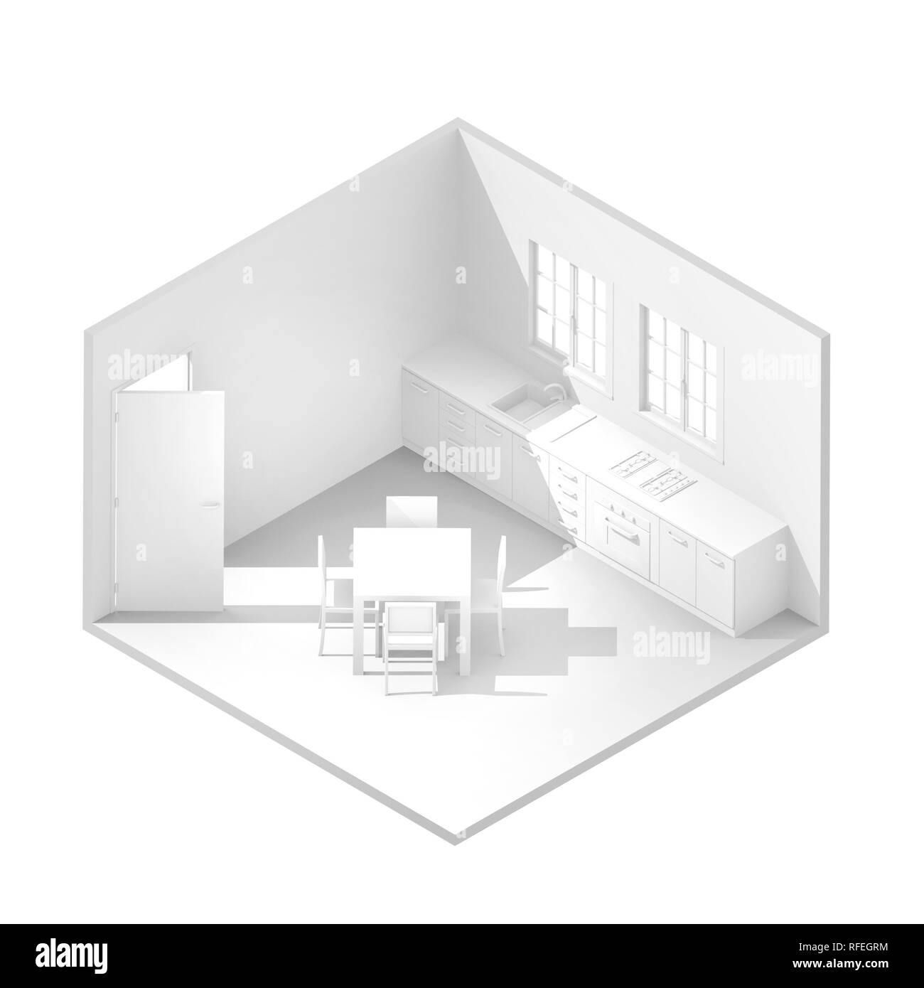 Le rendu 3D isométrique illustration de meublé blanc cuisine domestique Banque D'Images