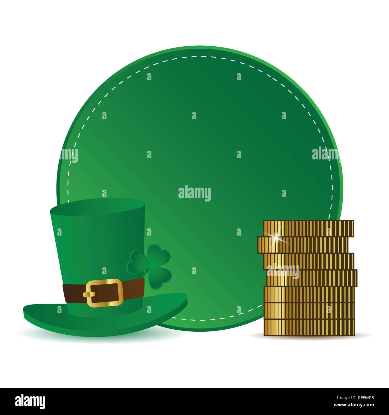 Étiquette ronde verte avec hat clover et pièces d'or pour la St Patrick Day illustration vecteur EPS10 Illustration de Vecteur