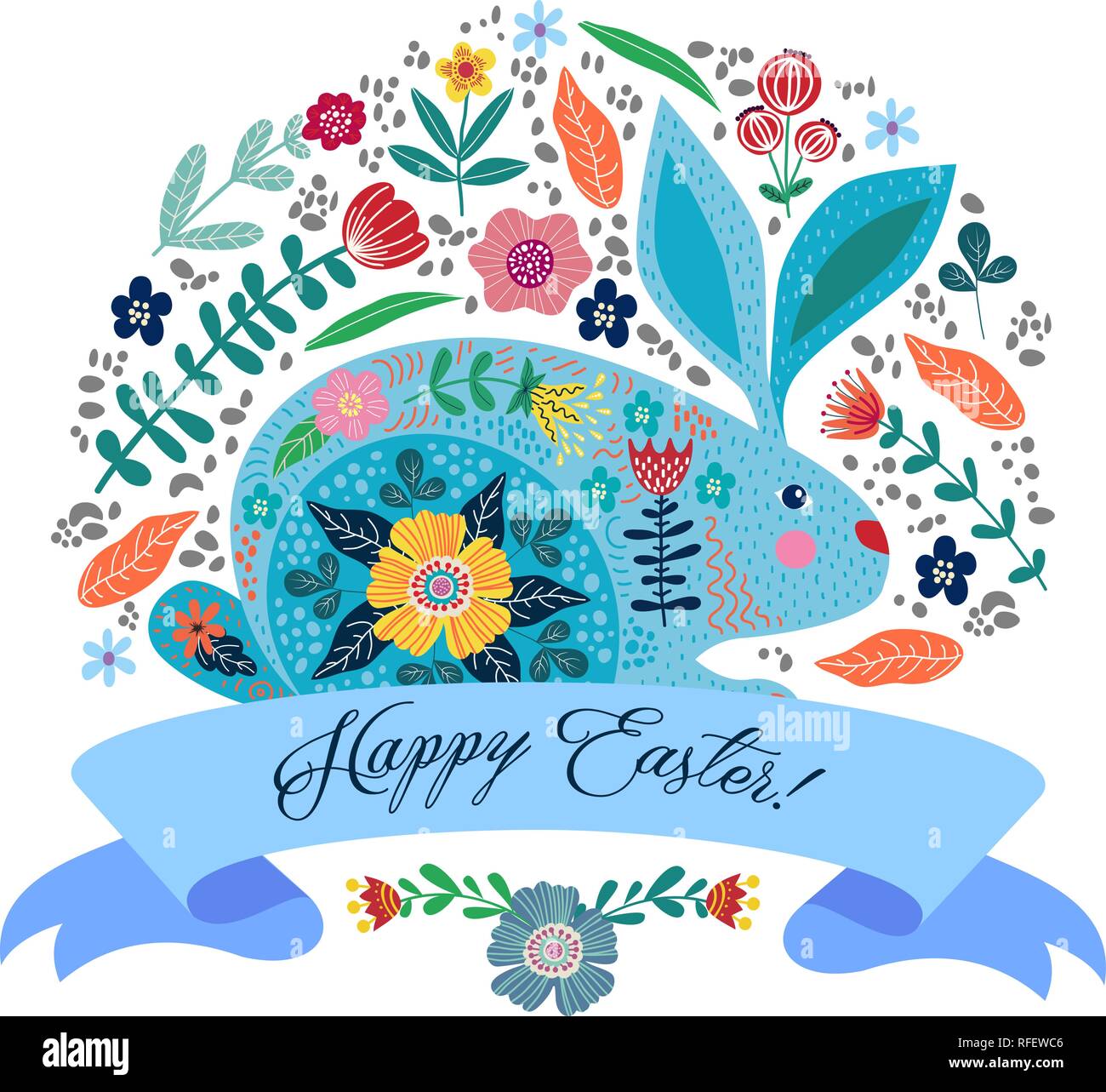 Joyeuses Pâques. Cartoon cute rabbit folk avec des fleurs et ruban avec texte isolé sur un fond blanc. Vector illustration Illustration de Vecteur