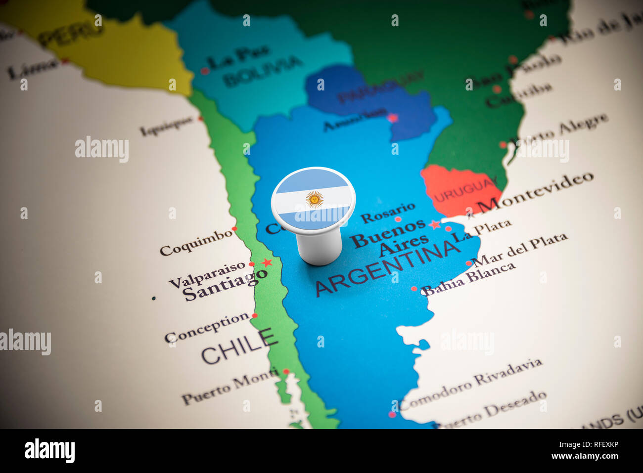 L'Argentine a marqué avec un drapeau sur la carte Banque D'Images L'Argentine a marqué avec un drapeau sur la carte Banque D'Images