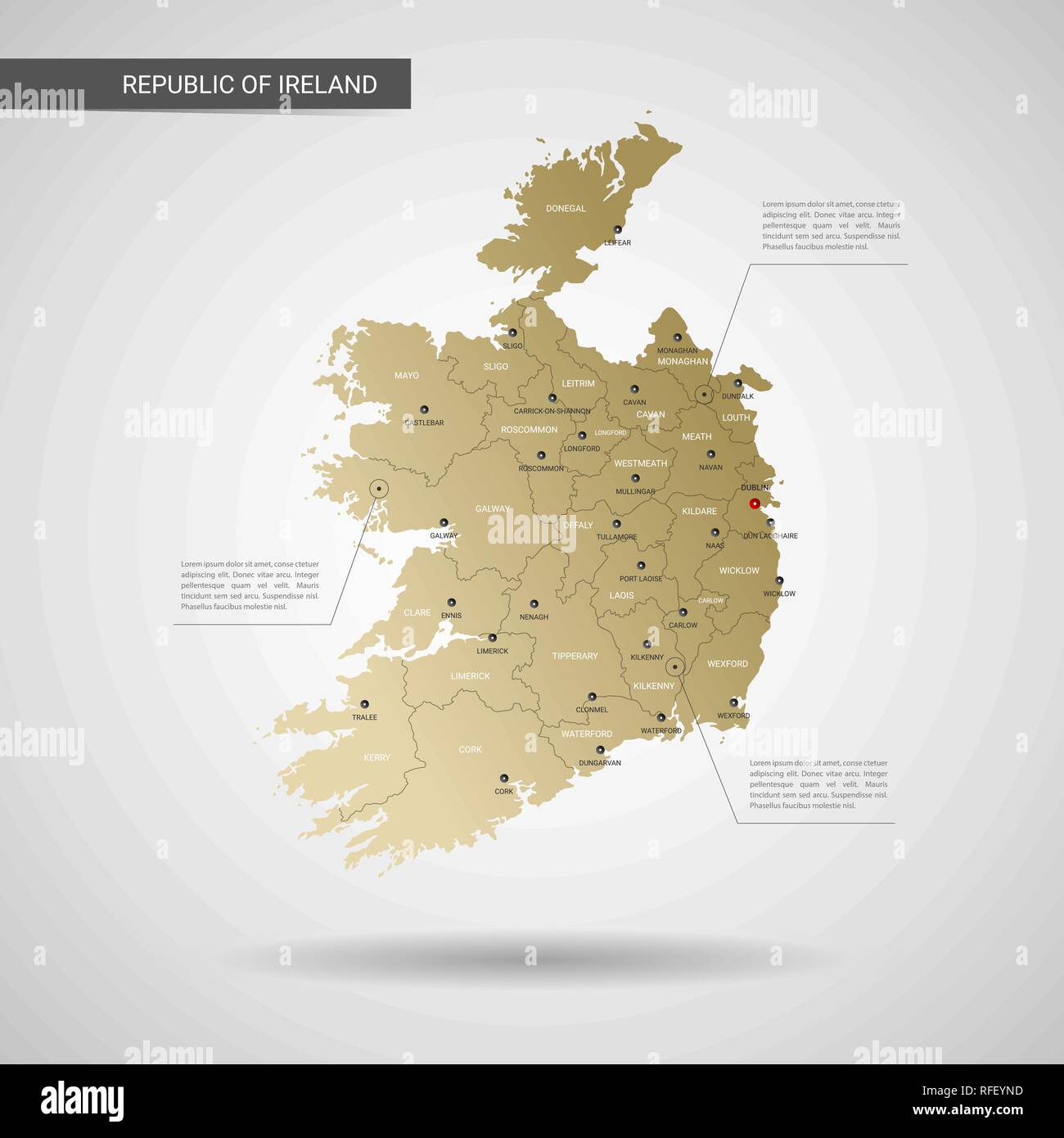 Vecteur Stylise Republique D Irlande Carte L Infographie 3d Gold Site Illustration Avec Les Villes Les Frontieres Les Capitaux Les Divisions Administratives Et Pointeur Mar Image Vectorielle Stock Alamy