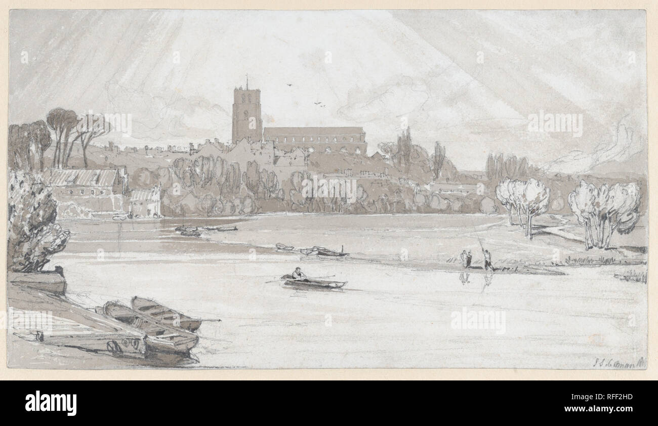 La ville de Farnborough du pont. Artiste : John Cotman Vendez britannique (Londres), Norwich 1782-1842. Fiche Technique : Dimensions : 6 × 7/16 11 9/16 in. (16,3 × 29,3 cm). Date : ca. 1818. Miklos Rajnai a décrit les contributions de Cotman 'Excursions dans le comté de Suffolk' (1818-1819) comme 'haut' topographie tourné l'art basée à Norwich, l'artiste a été demandé par l'éditeur de Londres Longman à fournir des dessins, gravures pour pour illustrer le texte. Beccles est située sur la rivière Waverly, une ville juste en face de la frontière de Suffolk, au sud-est de Norwich. L'impulsion de Cotman pour simplifier le formulaire est révélé en mono Banque D'Images