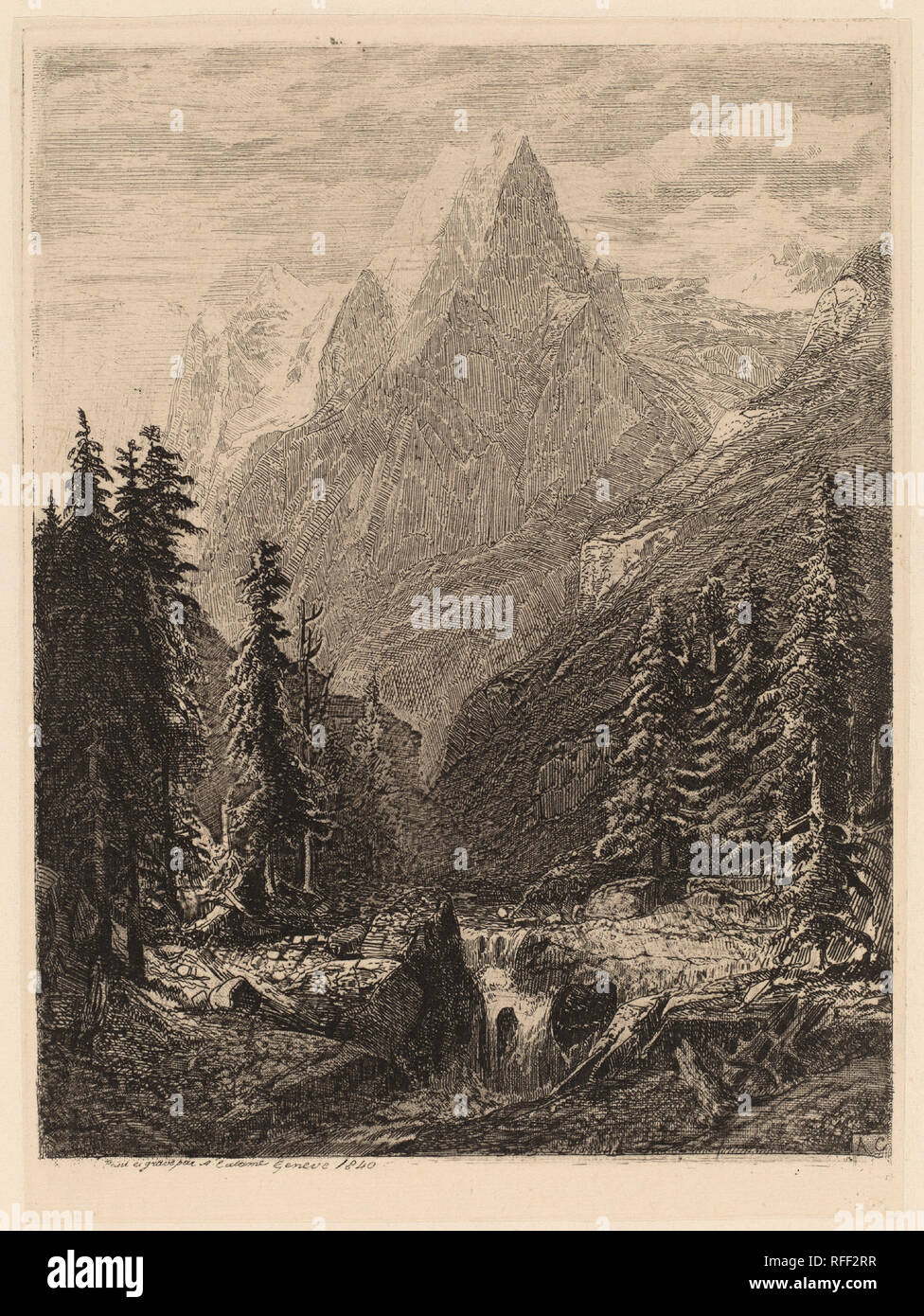 Mountain Meadow. En date du : 1840. Dimensions : plaque : 14,9 x 10,9 cm (5 7/8 x 4 5/16 in.) : feuille 35,5 x 27,2 cm (14 x 10 11/16 in.). Technique : gravure sur chine collé. Musée : National Gallery of Art, Washington DC. Auteur : ALEXANDRE CALAME. Banque D'Images