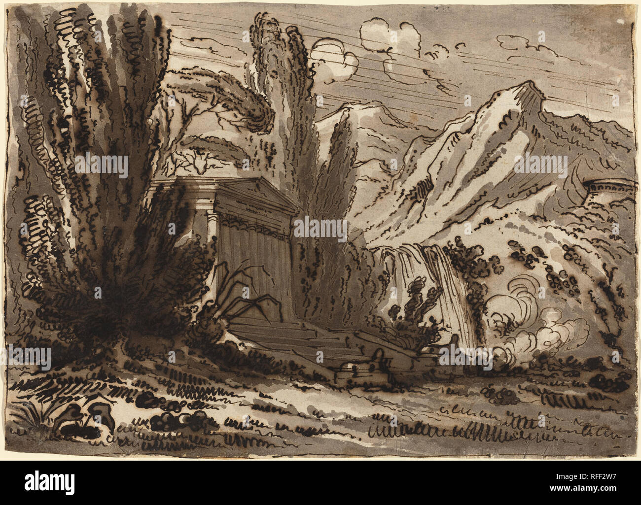 Paysage montagneux avec temple classique. Dimensions : hors tout : 18,6 x 26 cm (7 5/16 x 10 1/4 in.). Médium : plume et encre brune avec lavis. Musée : National Gallery of Art, Washington DC. Auteur : Felice Giani. Banque D'Images