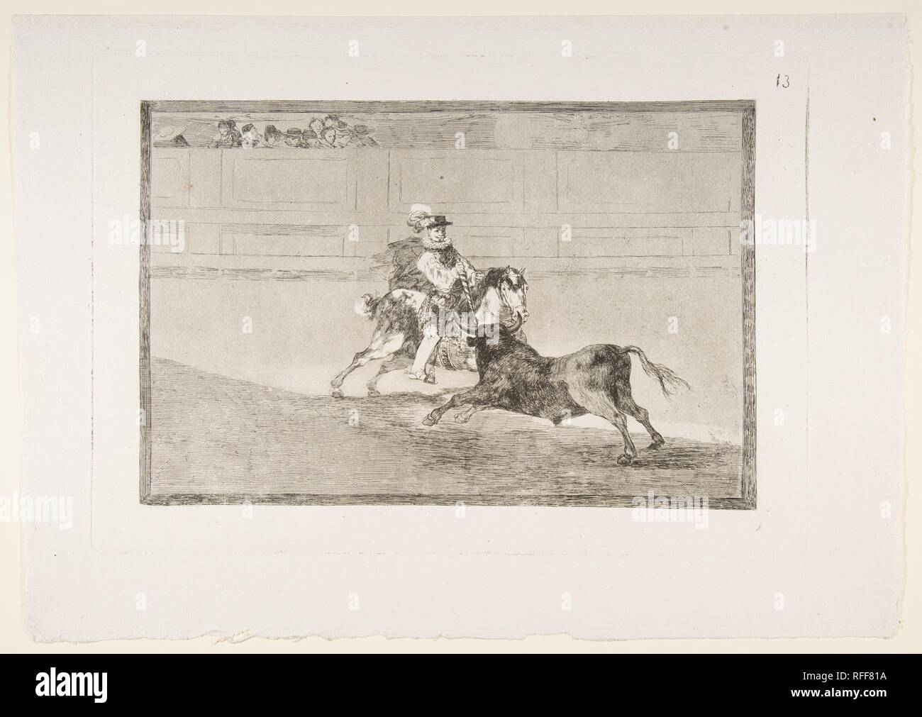 13 de la plaque "Tauromaquia" : un chevalier à cheval espagnol dans l'anneau brisant lances courtes sans l'aide d'assistants,. Artiste : Goya (Francisco de Goya y Lucientes (Fuendetodos) espagnol, 1746-1828 Bordeaux). Dimensions : Plateau : 9 3/4 in. × 14 po. (24,8 × 35,5 cm) : 12 x 16 feuilles en 15/16. (30,5 x 43 cm). Date : 1816. Musée : Metropolitan Museum of Art, New York, USA. Banque D'Images