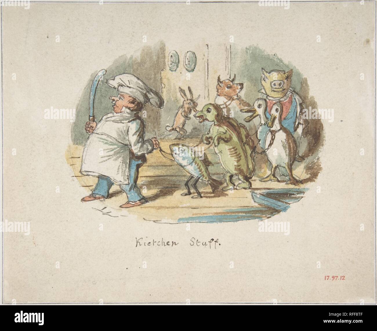 Le personnel de cuisine (recto) ; Paysage montagneux avec Hiker (verso). Artiste : John Leech (britannique, Londres 1817-1864 Londres). Fiche Technique : Dimensions : 5 1/8 x 6 3/8 in. (13 x 16,2 cm). Date : 1837-64. Musée : Metropolitan Museum of Art, New York, USA. Banque D'Images
