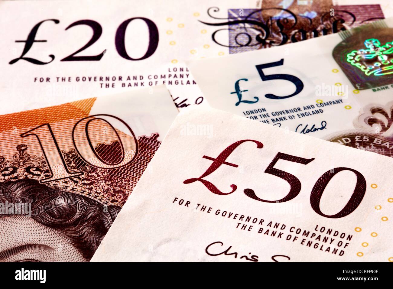 Banque d'Angleterre £5, £10, £20 et £50 euros Banque D'Images