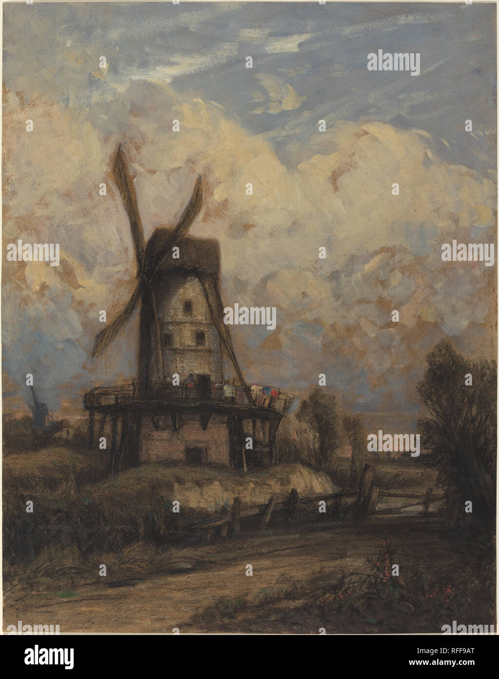 Un moulin à vent contre un ciel nuageux. En date du : 1845/1850. Dimensions : hors tout : 46,7 x 36,5 cm (18 3/8 x 14 3/8 in.). Technique : peinture à l'huile et craie noire sur charbon sur papier beige. Musée : National Gallery of Art, Washington DC. Auteur : Constant TROYON. Banque D'Images