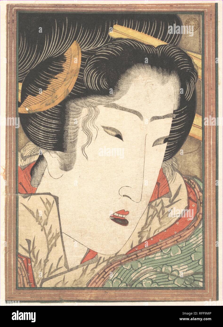 Geisha rejeté de passions refroidi par de la neige de printemps. Artiste : Keisai Eisen (japonais, 1790-1848). Culture : le Japon. Dimensions : H. 7. (17,8 cm) ; O. 5. (12,7 cm). Date : 1824. L'un des plus excentriques les artistes ukiyo-e, Eisen a été trouvé ivre fréquemment dans des maisons closes, et dans ses dernières années, est devenu le propriétaire d'un lui-même. La coquette est loin de la belle beauté aristocratique dépeint quelque trois décennies plus tôt par Utamaro. Ses caractéristiques angulaires, long yeux obliques, moitié-ouvert, la moue des lèvres avec une touche de vert irisé, petit ruban rouge et évocateurs d'un doigt crook b Banque D'Images