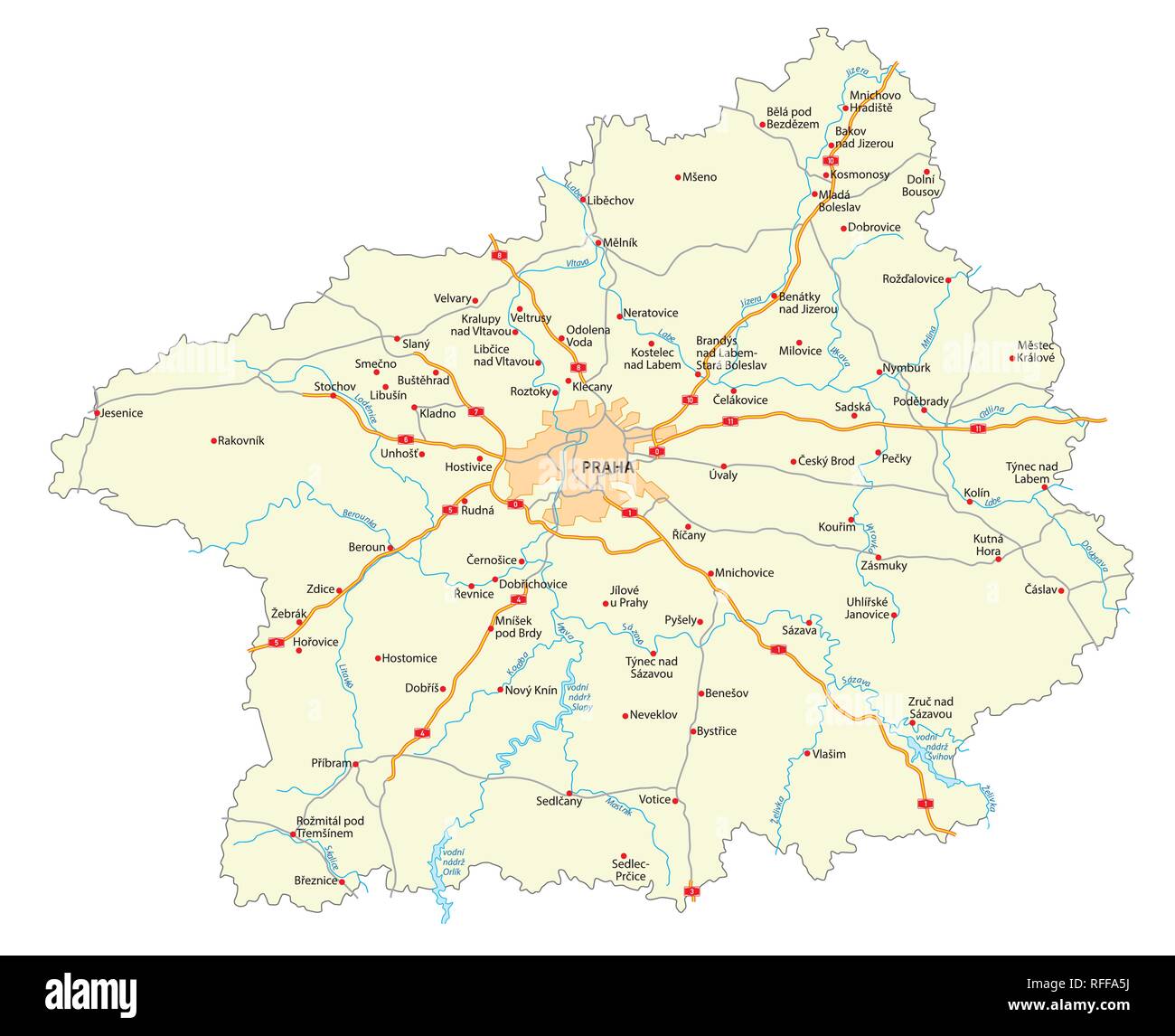 Carte routière de la région tchèque Stredocesky kraj (Bohême centrale) Illustration de Vecteur
