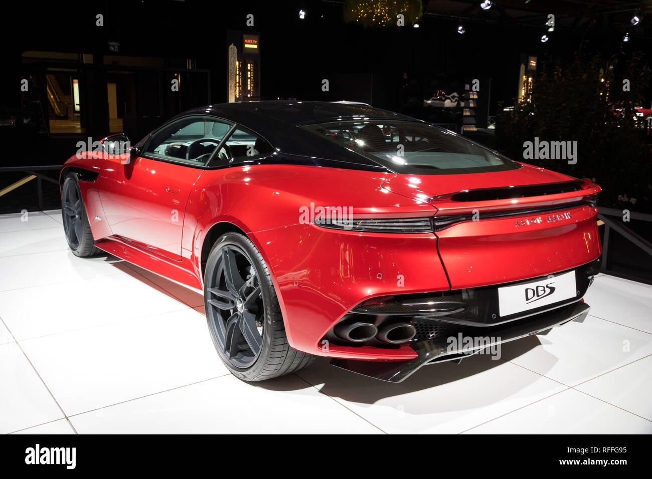 Bruxelles - Jan 18, 2019 : Aston Martin DBS Superleggera sports car présenté à la 97ème Salon Automobile de Bruxelles 2019 Autosalon. Banque D'Images