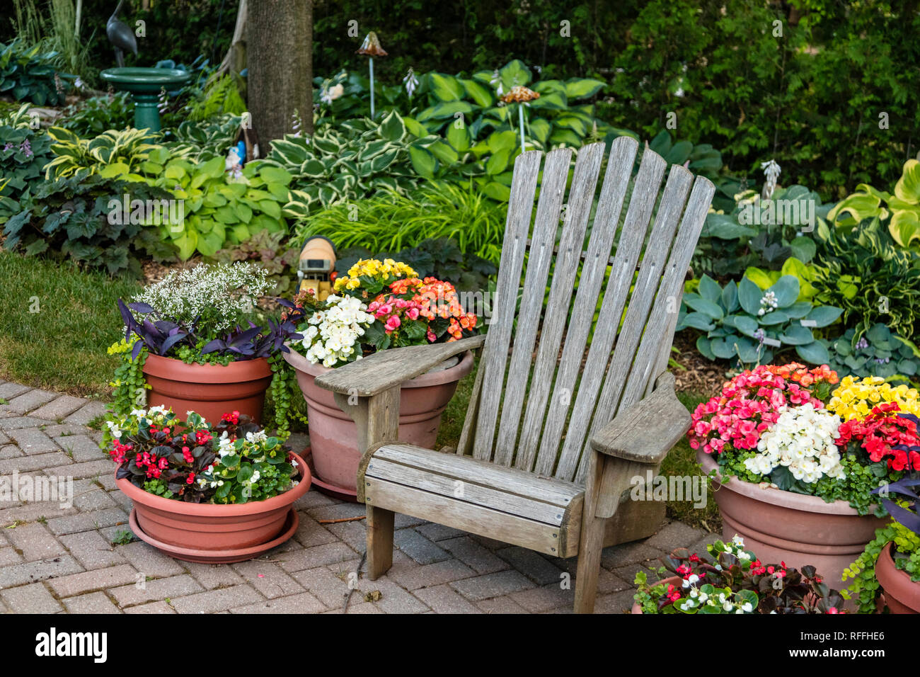 Une scène de jardin avec beaucoup de fleurs en pot et une chaise rustique. Banque D'Images