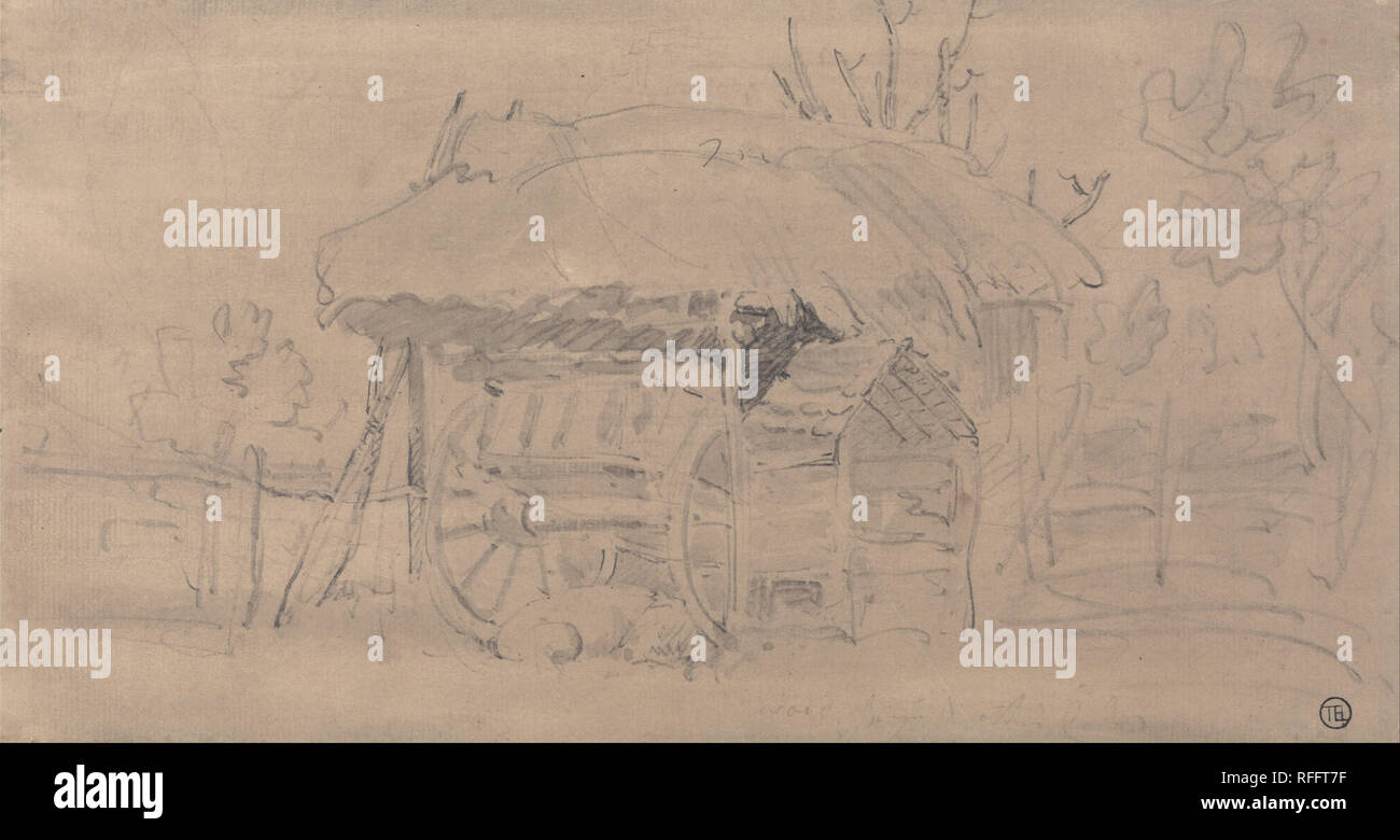 Un panier de la ferme. Dessin. Gris graphite et laver sur moyenne, légèrement texturé, sur papier beige. Hauteur : 140 mm (5.51 in) ; Largeur : 267 mm (10.51 in). Auteur : James Ward. Banque D'Images