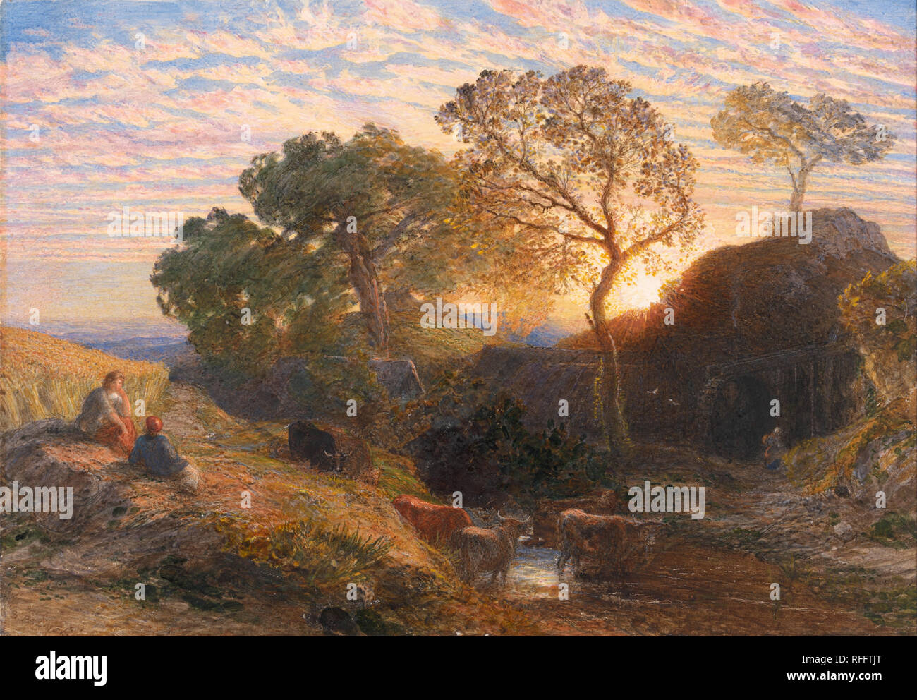 Le coucher du soleil. Date/Période : Ca. 1861. La peinture. L'aquarelle. Hauteur : 270 mm (10.62 in) ; Largeur : 387 mm (15.23 in). Auteur : Samuel Palmer. Banque D'Images