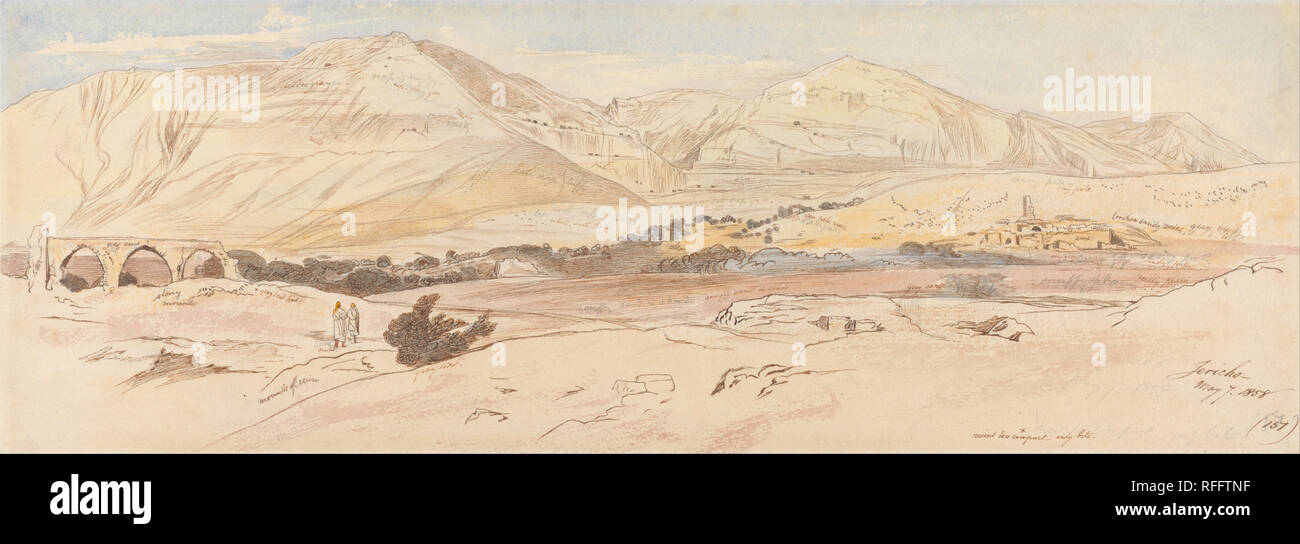 Jéricho, 7 mai 1858 (157). Date/période : 1858. Paysage. Aquarelle avec stylo à l'encre brune sur mine de plomb sur d'épais, rugueux, vélin crème. Hauteur : 181 mm (7.12 in) ; Largeur : 505 mm (19.88 in). Auteur : Edward Lear. Banque D'Images