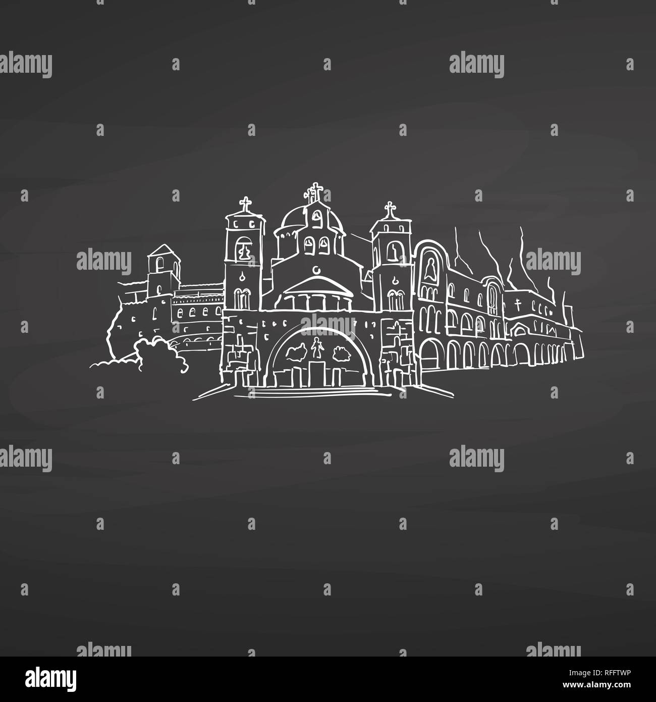 Podgorica Monténégro signes sur tableau noir. Craie numérique vecteur dessiné esquisse sur tableau noir. Capitales européennes destinations. Illustration de Vecteur