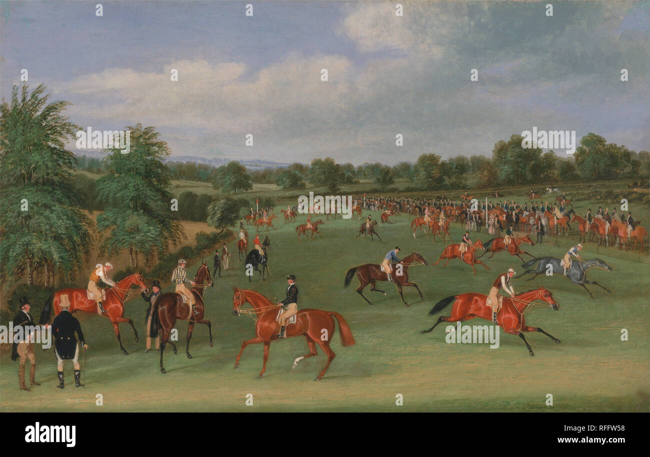 Courses d'Epsom : Préparation au démarrage. Date/période : 1834 à 1835. La peinture. Huile sur toile. Hauteur : 308 mm (12.12 in) ; Largeur : 473 mm (18.62 in). Auteur : James Pollard. Banque D'Images