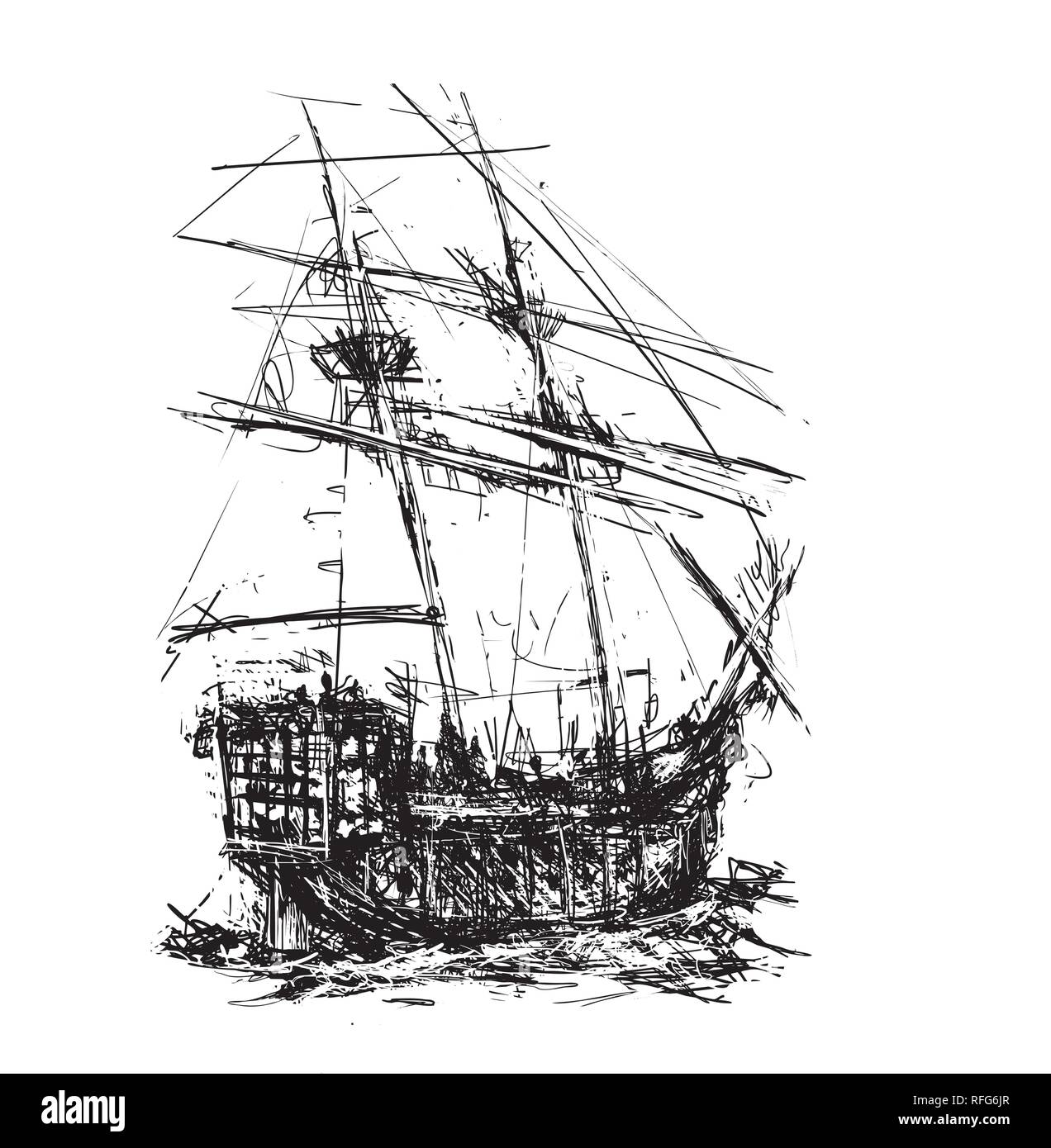Sketchy voile style bateau de pirate en mer Illustration de Vecteur