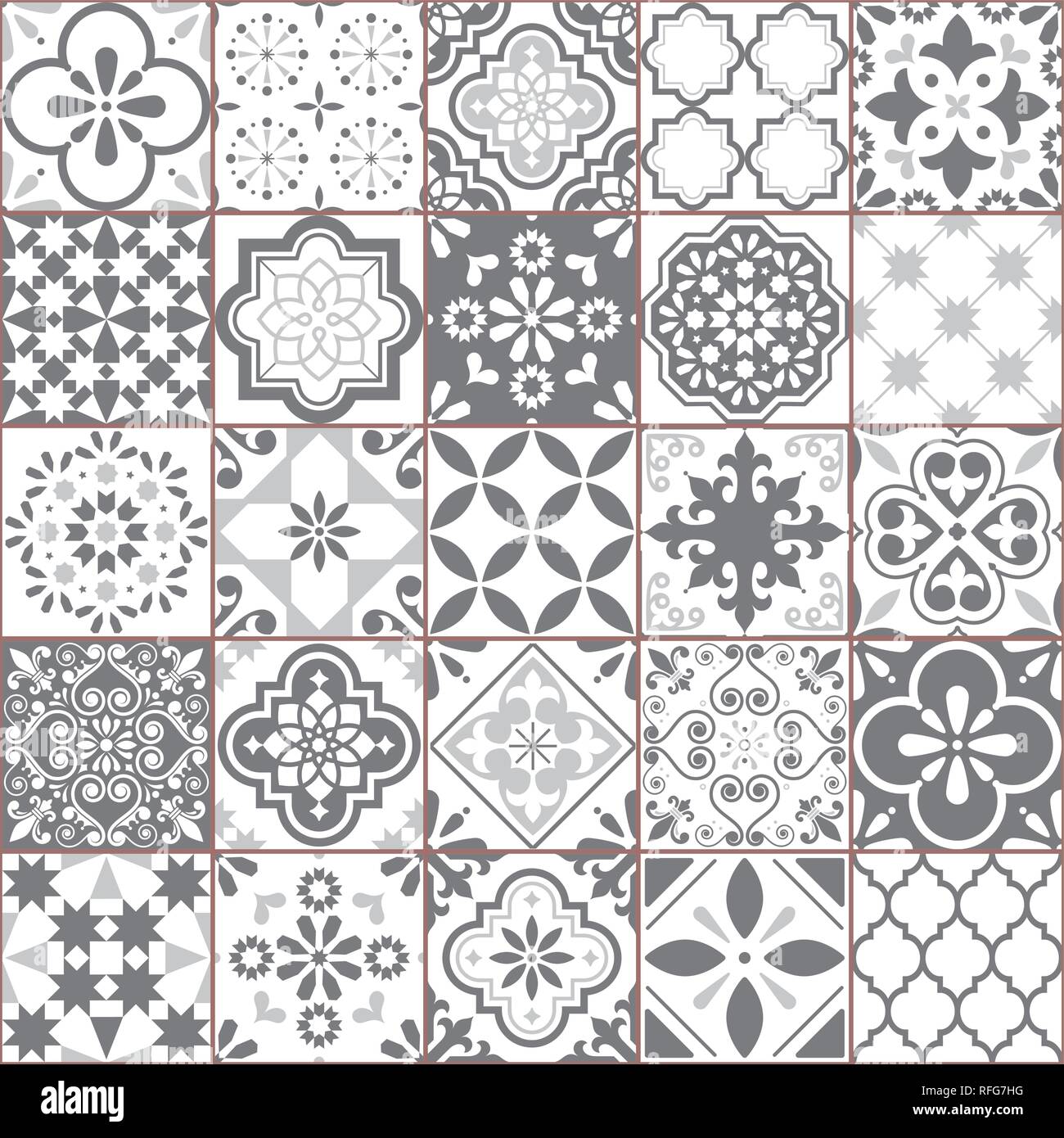 Azulejo Lisbonne carreaux motif géométrique du vecteur, Portugais ou Espagnol retro vieilles tuiles de mosaïque, une Méditerranée gris et blanc design. Illustration de Vecteur
