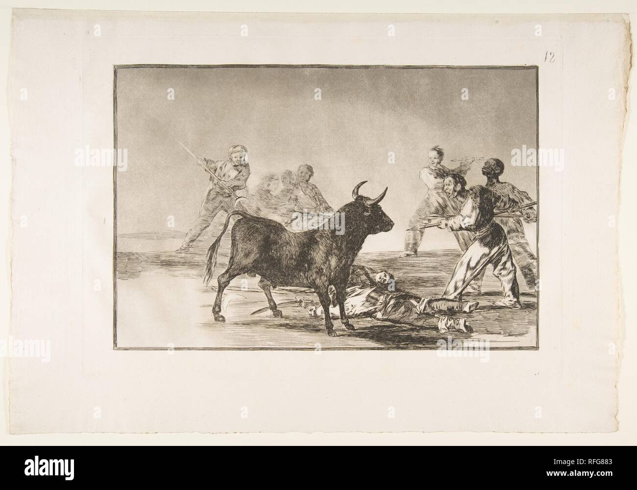 Planche 12 de la "Tauromaquia" : la foule ischio-jambiers le taureau de lances, des faucilles, banderilles et autres armes. Artiste : Goya (Francisco de Goya y Lucientes (Fuendetodos) espagnol, 1746-1828 Bordeaux). Dimensions : Plaque : 9 13/16 x 13 3/4 in. (25 x 35 cm) : Feuille 9 3/4 × 17 5/16 in. (24,8 × 44 cm). Date : 1816. Musée : Metropolitan Museum of Art, New York, USA. Banque D'Images