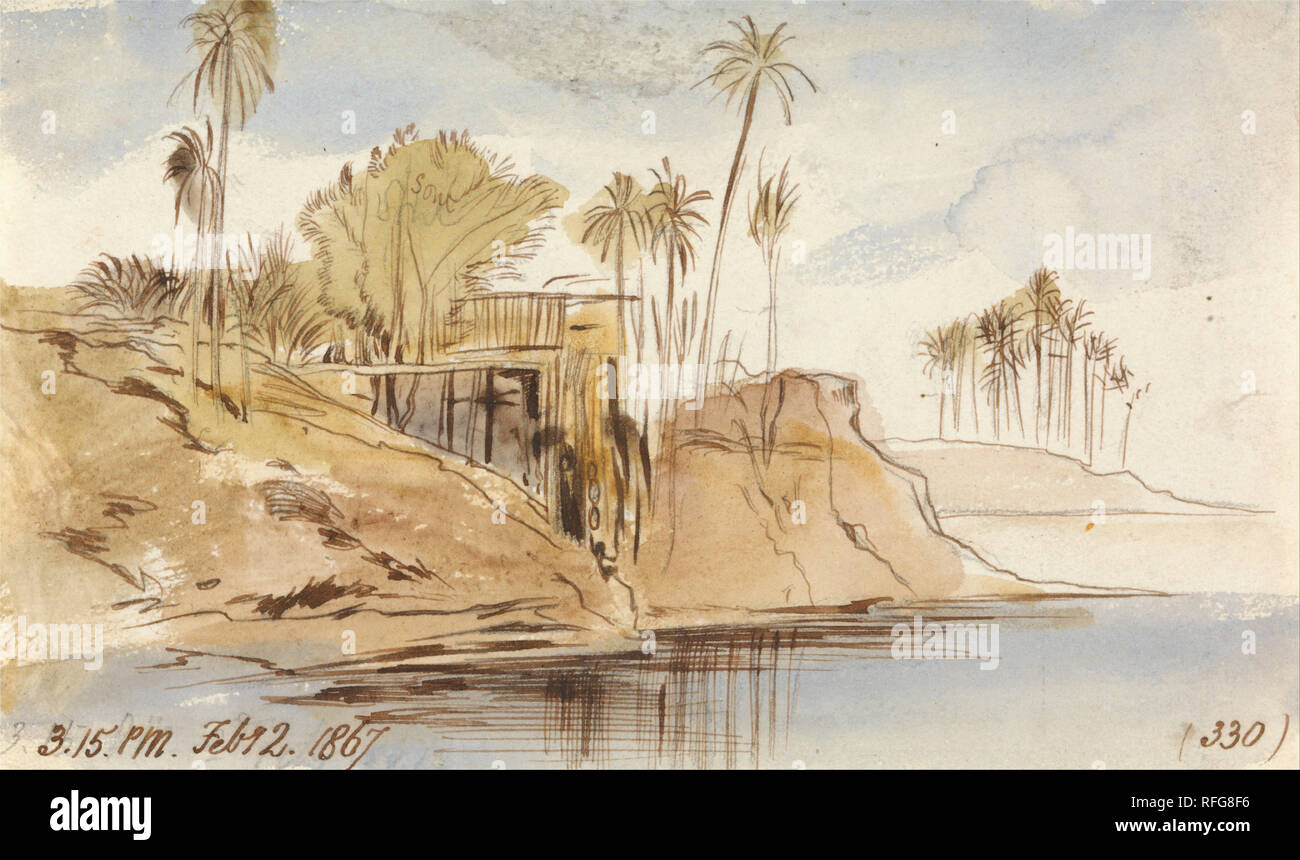 Ibreem Halfeh entre et Wadi, 15 h 15, 2 février 1867 (330). Date/période : 1867. Paysage. Aquarelle avec stylo à l'encre brune sur mine de plomb sur moyenne, légèrement texturé, vélin crème. Hauteur : 90 mm (3.54 in) ; Largeur : 151 mm (5,94 in). Auteur : Edward Lear. Banque D'Images