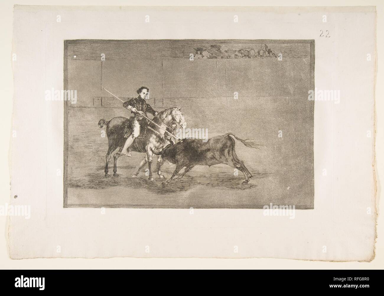 22 Plaque de la Tauromaquia':Manly courage du célèbre Pajuelera dans [l'anneau] à Saragosse. Artiste : Goya (Francisco de Goya y Lucientes (Fuendetodos) espagnol, 1746-1828 Bordeaux). Plaque : 9 Dimensions : 13/16 x 13 3/4 in. (25 × 35 cm) feuille : 12 × 3/16 17 7/16 po. (30,9 × 44,3 cm). Date : 1816. Musée : Metropolitan Museum of Art, New York, USA. Banque D'Images