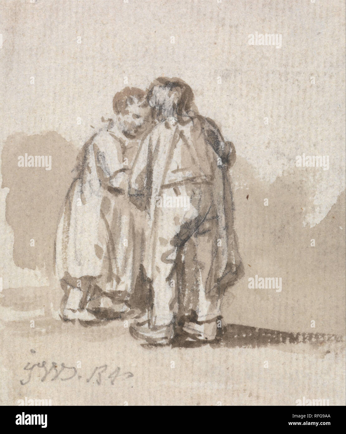 Un garçon et une fille en conversation. Dessin. Graphite et lavis sur moyenne, légèrement texturé, papier vergé crème. Hauteur : 86 mm (3,38 in) ; largeur : 73 mm (2,87 in). Auteur : James Ward. Banque D'Images