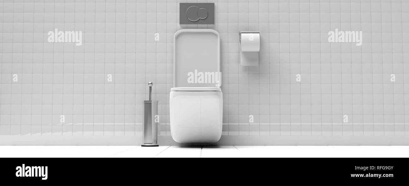 WC, salle de bain. Livre blanc de la cuvette des toilettes et accessoires sur mur carrelé et le plancher arrière-plan, bannière, copiez l'espace. 3d illustration Banque D'Images