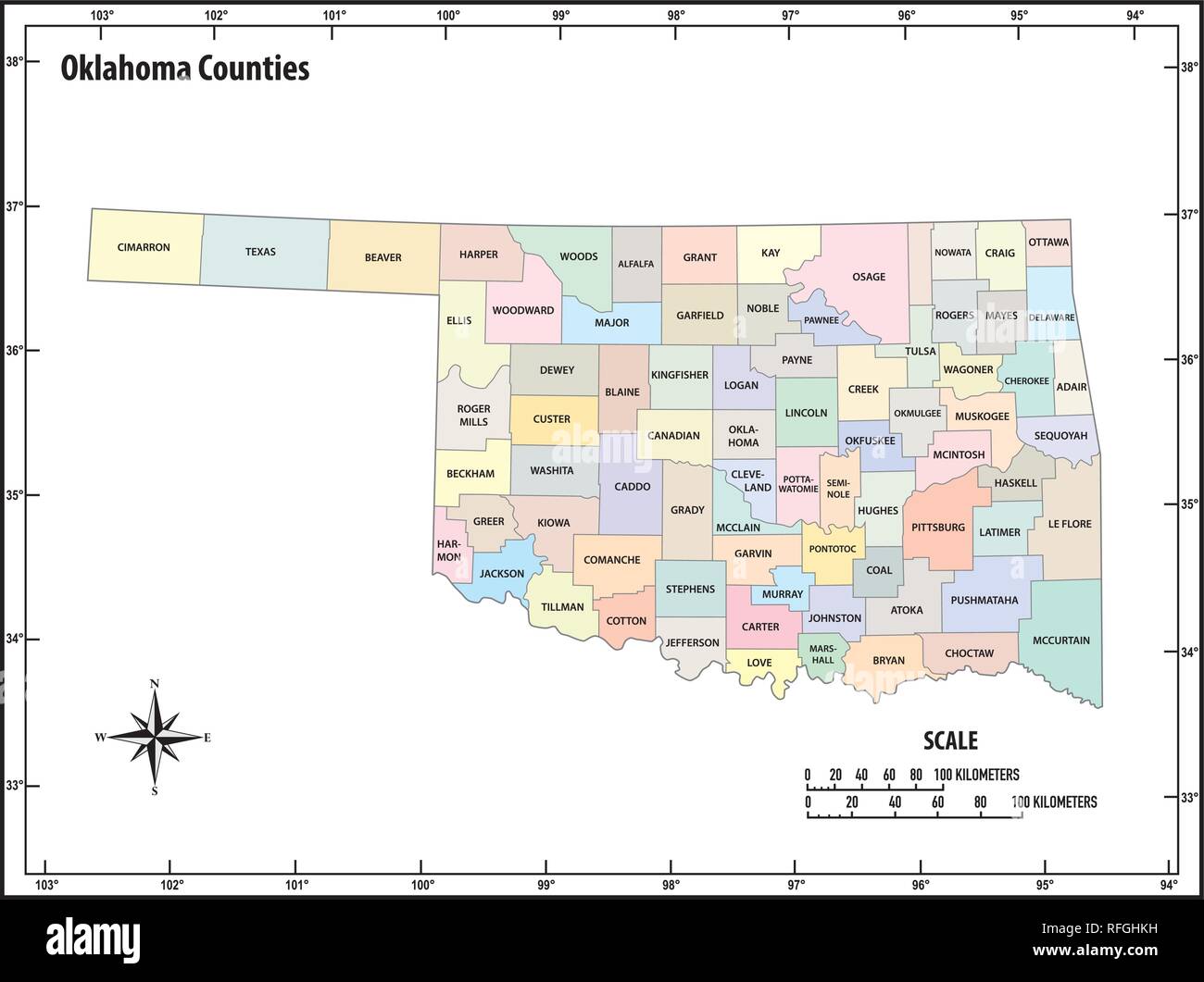 Oklahoma State administrative et politique contour carte vectorielle en couleur Illustration de Vecteur